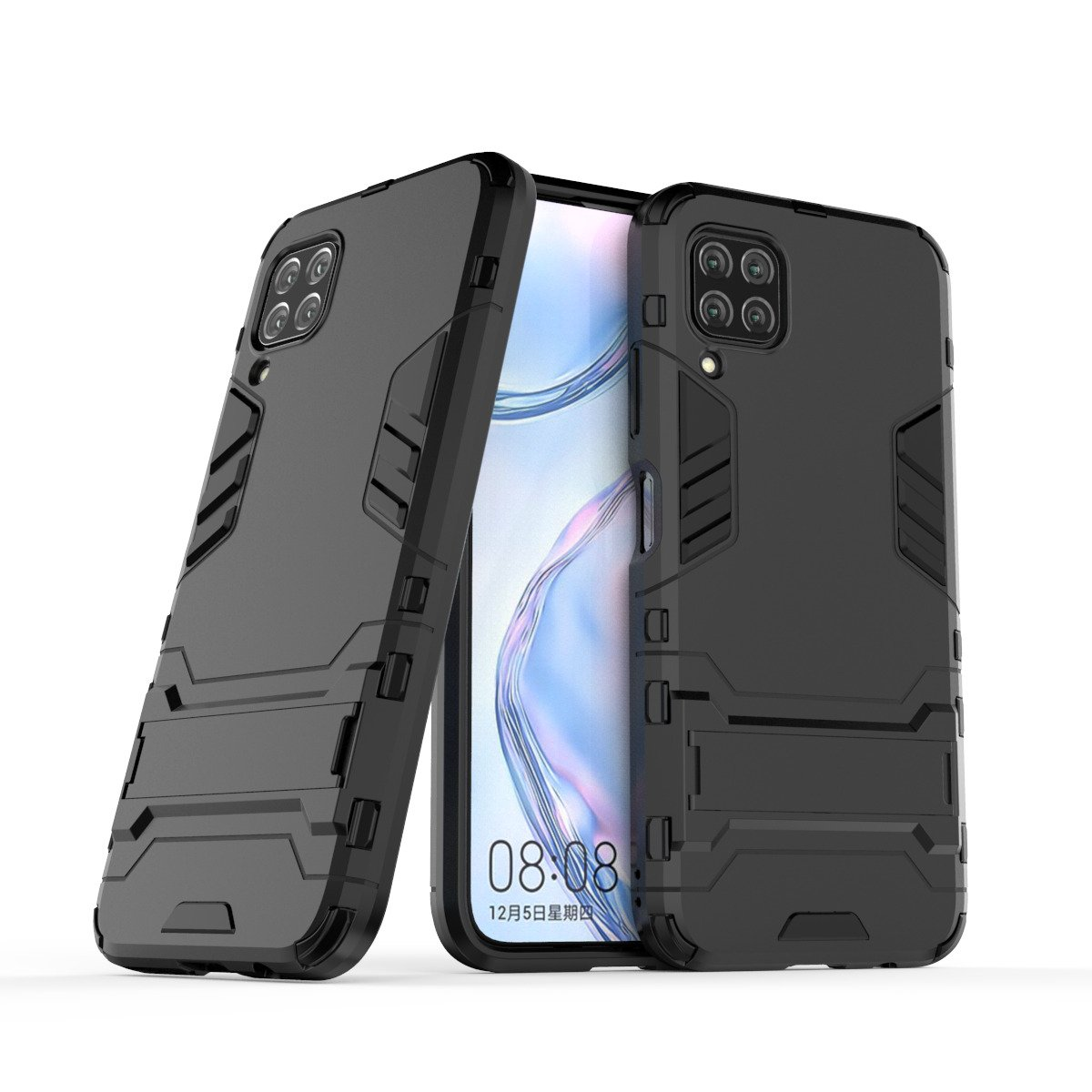 Fundas de teléfono negras con un teléfono dentro. Las fundas son protectoras y tienen una función de soporte.