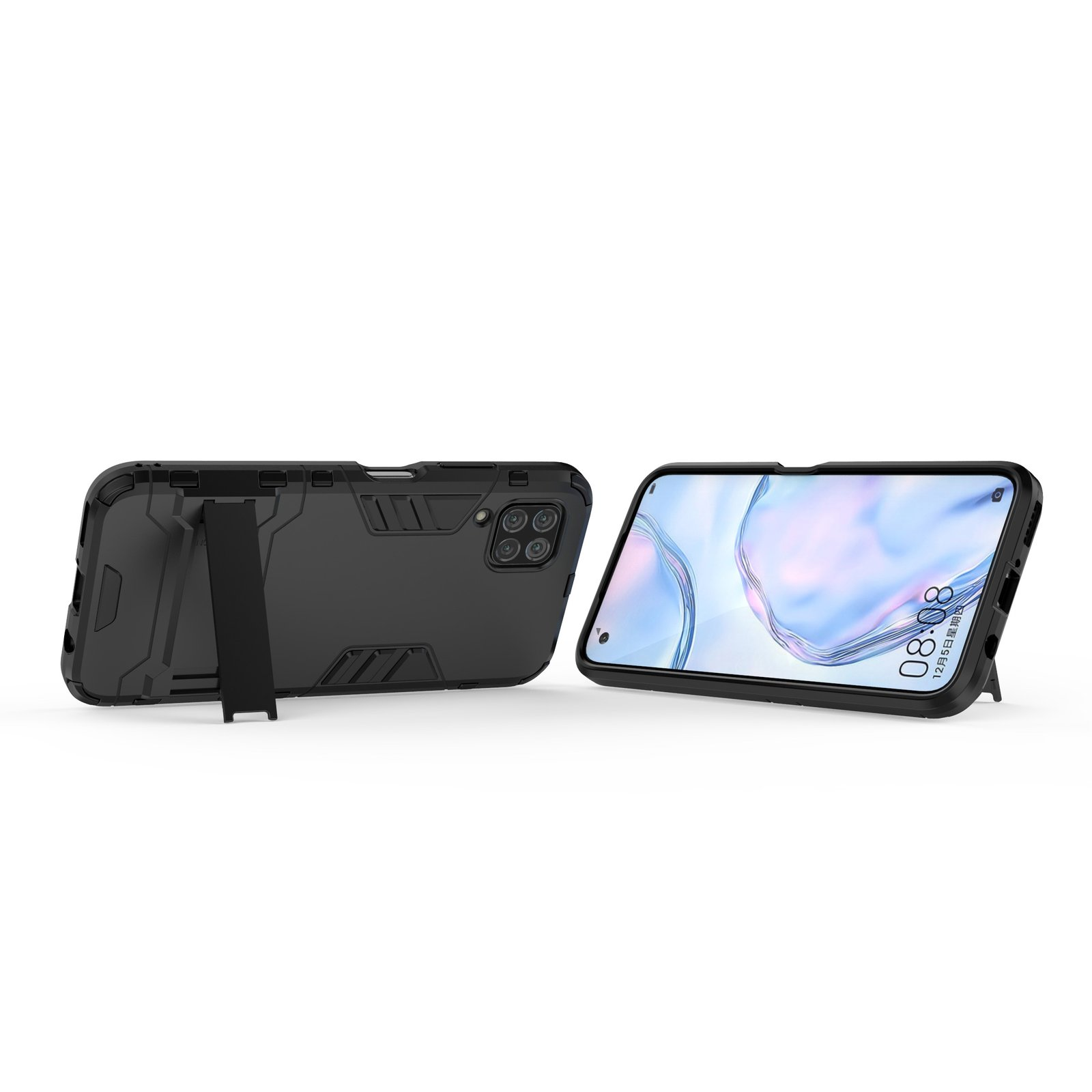 Una funda de teléfono negra con un soporte. Un teléfono está acostado junto a la funda.