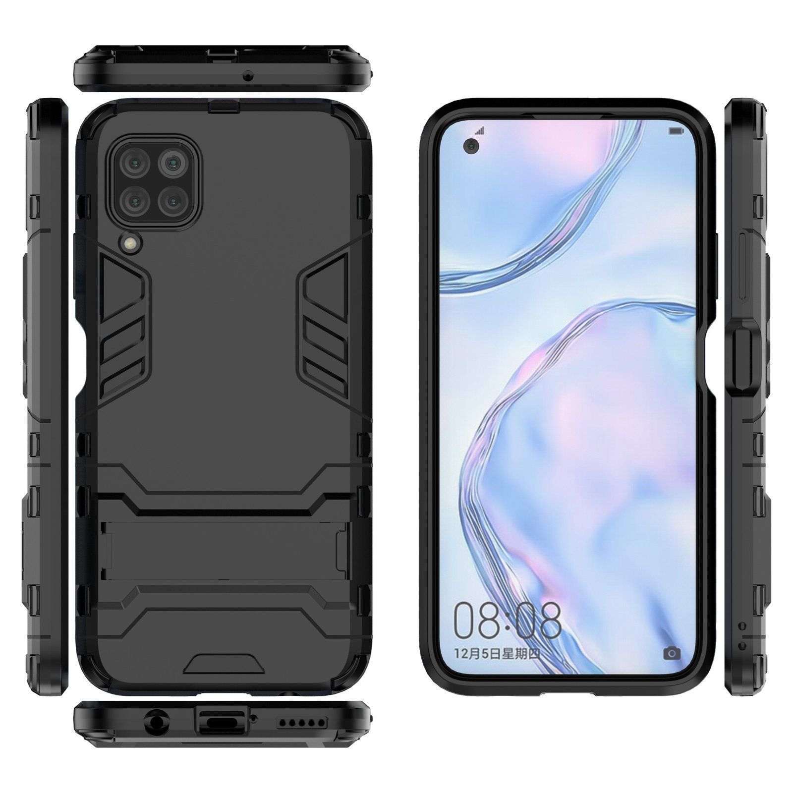 Múltiples vistas de una funda de teléfono negra con un teléfono dentro. La funda tiene un soporte.