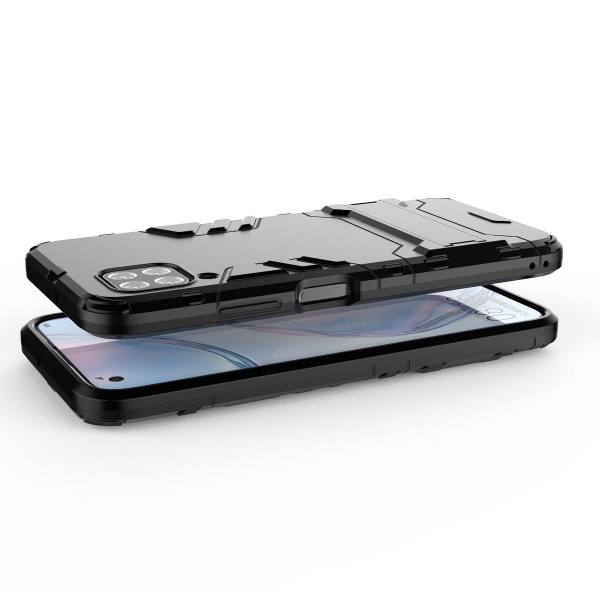 Funda de teléfono negra, mostrando el teléfono. Fondo blanco.
