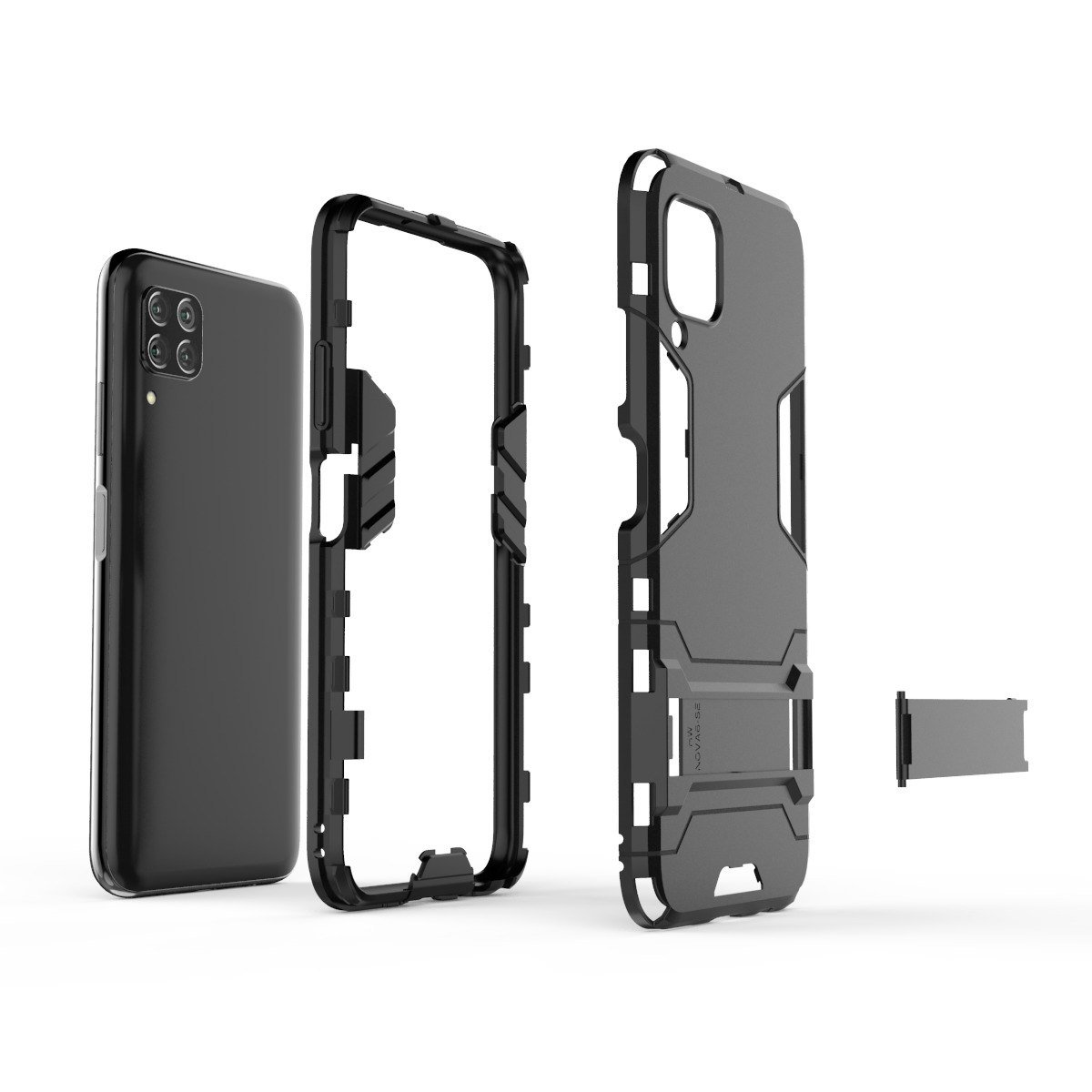 Componentes de funda de teléfono negra. Se muestra un teléfono, dos partes de la funda y un pequeño soporte.