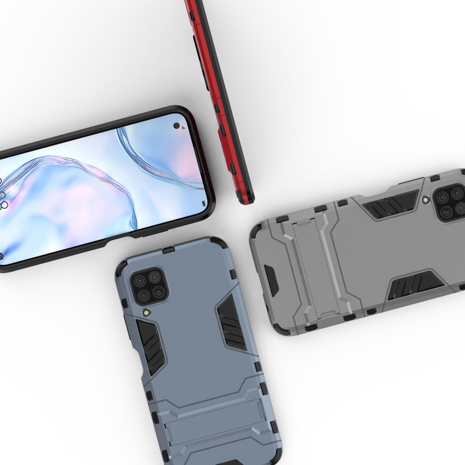 Varias fundas de teléfono en diferentes colores, con un teléfono visible, sobre un fondo blanco.