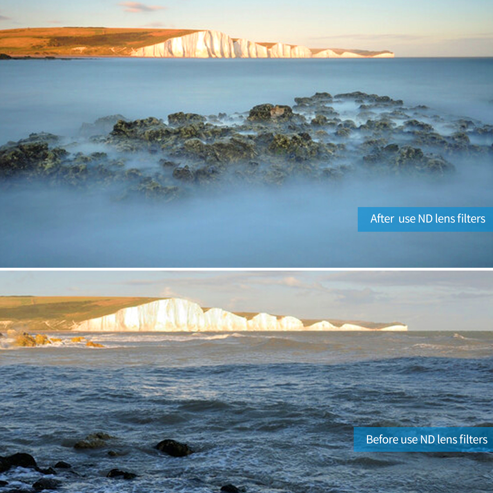 Two photos, one before and one after using ND lens filters, showing a coastal landscape with cliffs.