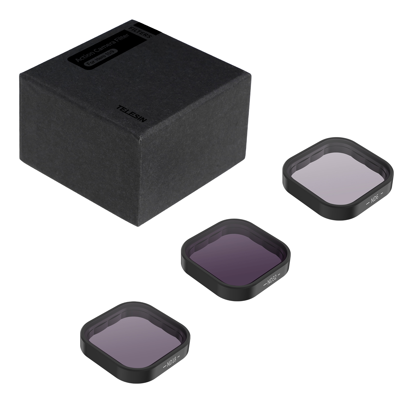 Black box with three camera lens filters. Each filter has a black frame and a colored lens.