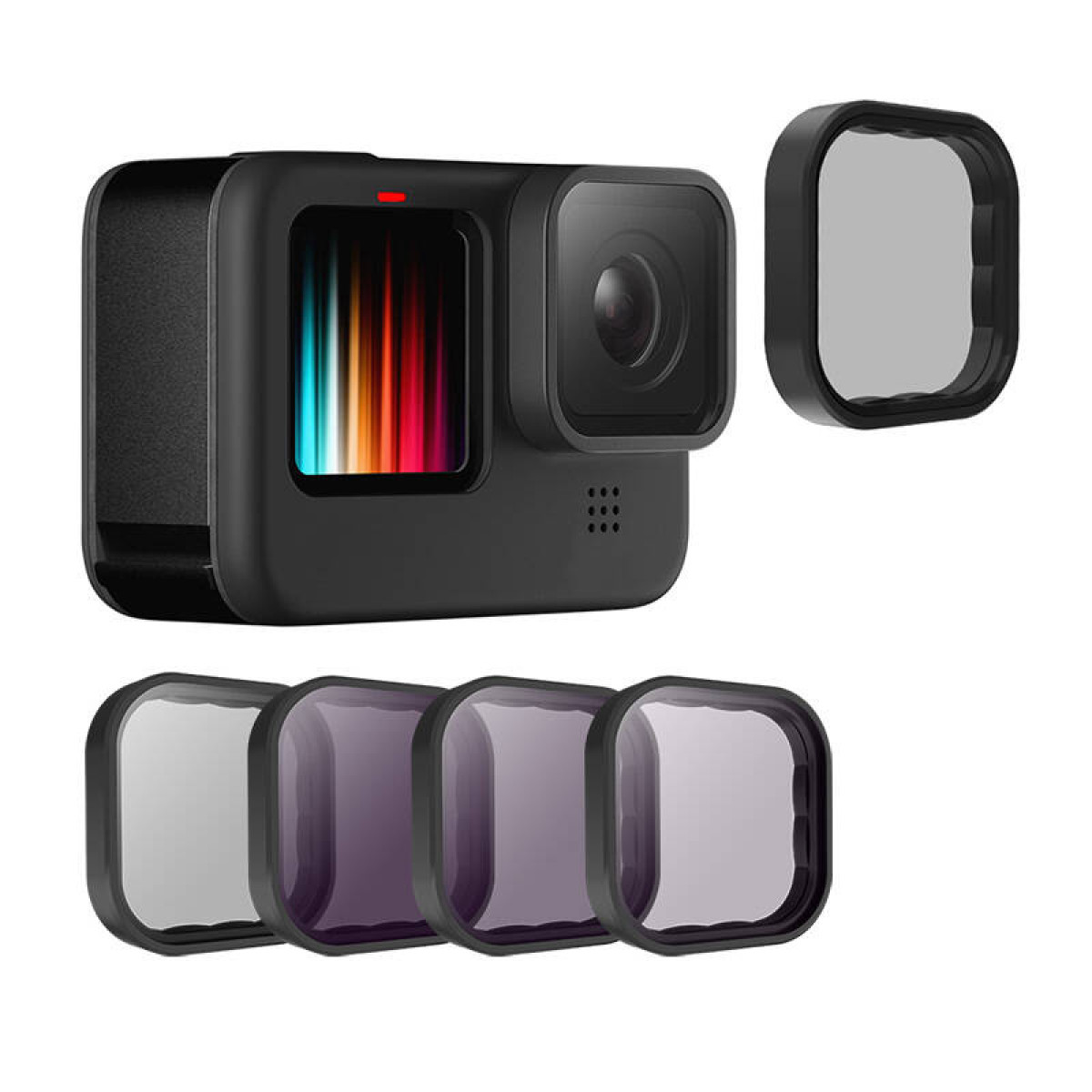 Black action camera with multiple lens filters, set against a white background, professional photography.