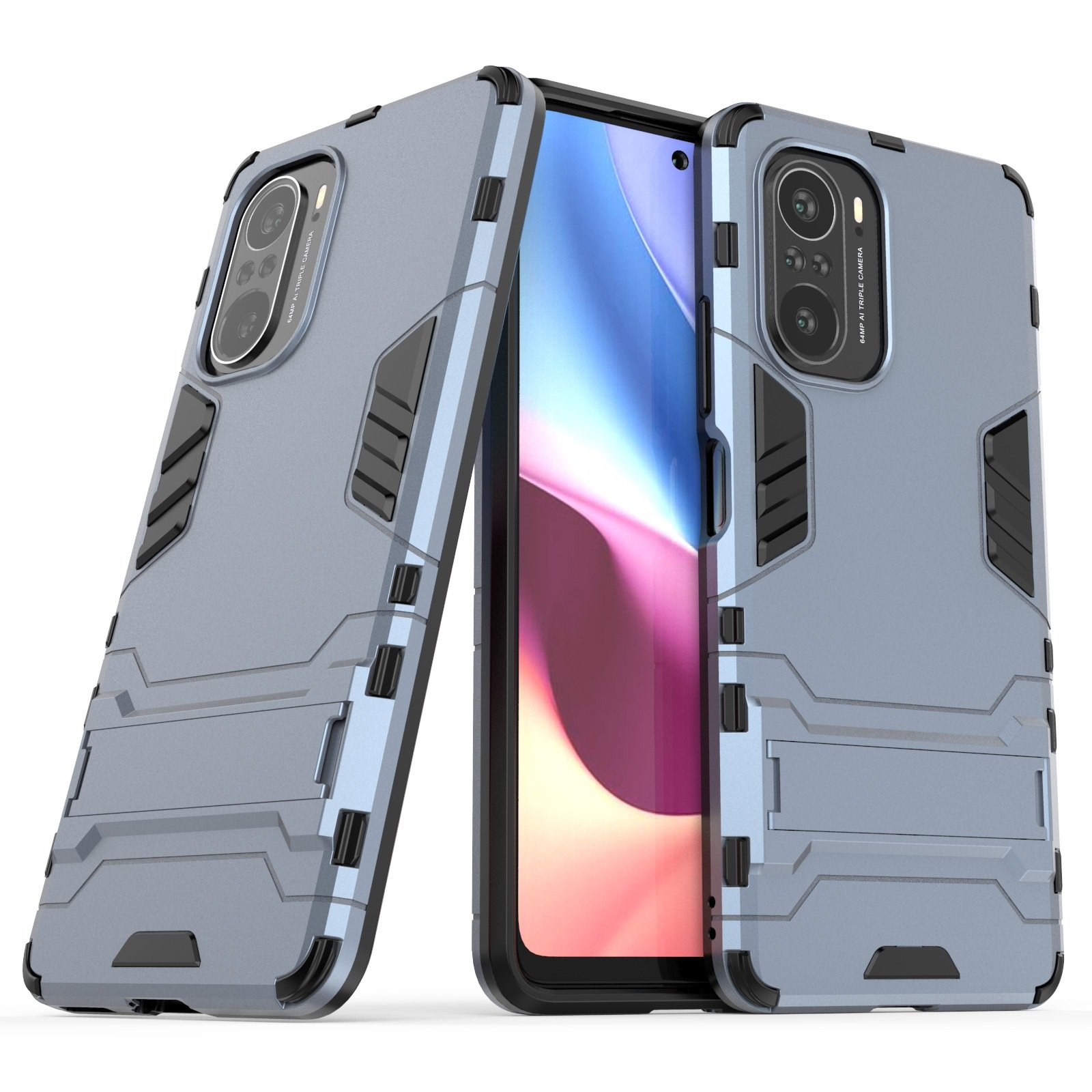 Dos teléfonos con fundas azules. Uno se para con un soporte, el otro se acuesta plano con una funda.