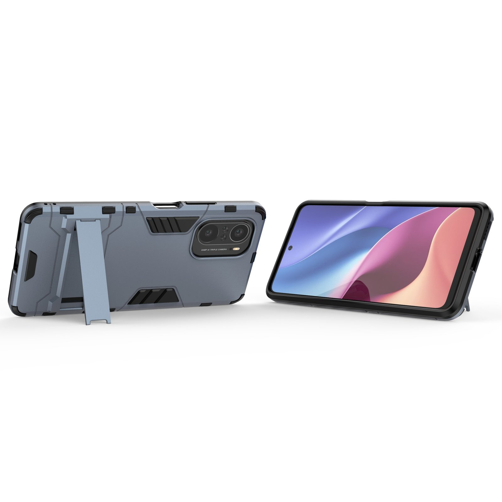 Dos teléfonos. Uno tiene una funda azul con soporte, el otro está plano con una funda.