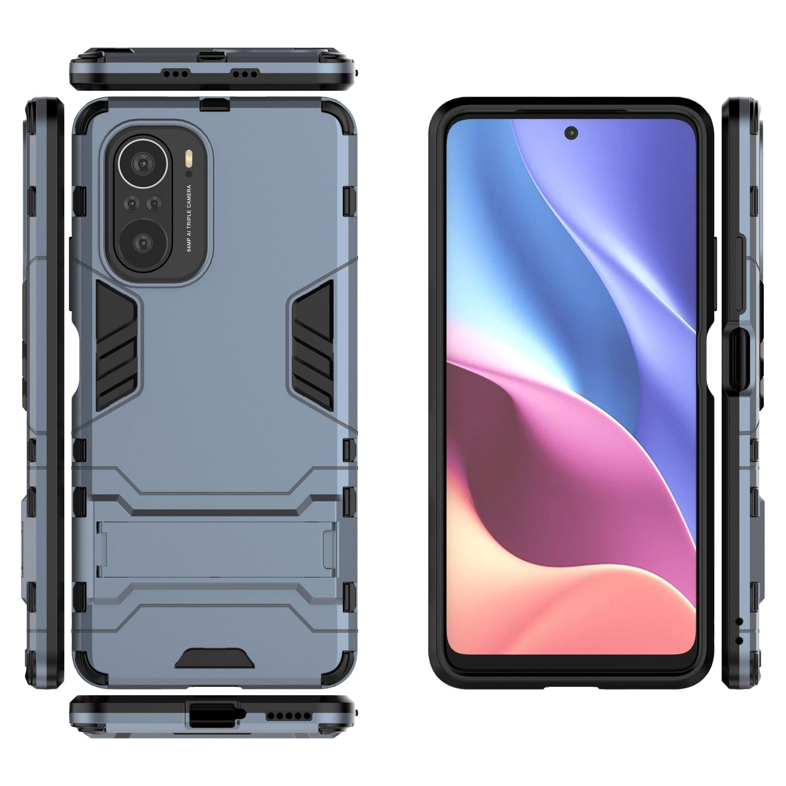 Una funda de teléfono con un teléfono sobre una superficie blanca. La funda es gris.