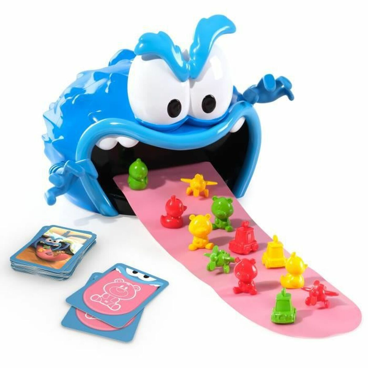 Ein blaues Monstermonsterspielzeug mit Karten und Süßigkeiten auf einer rosa Zunge.