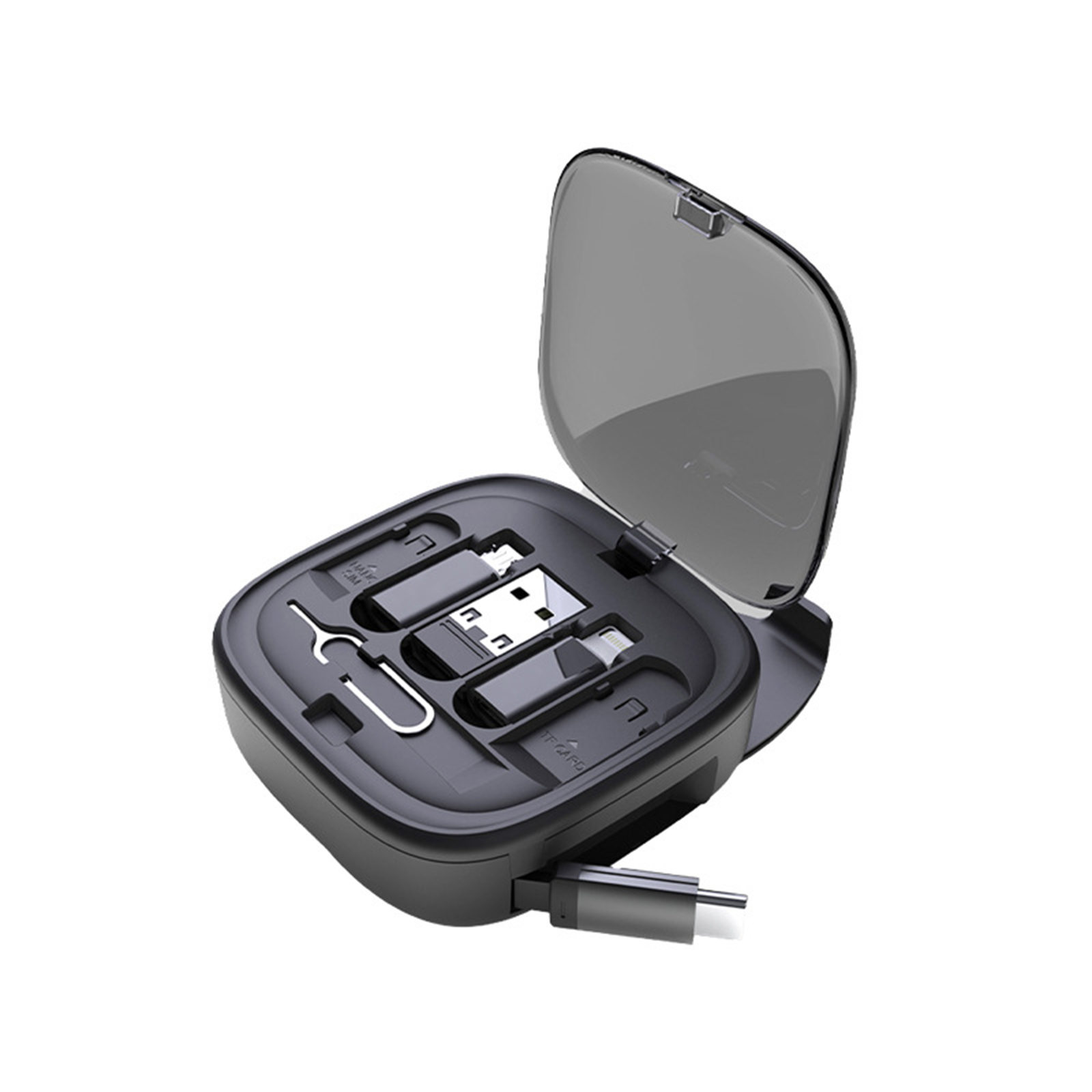 Dunkelgraues Reise-Kit mit mehreren USB-Adaptern. Der Deckel ist geöffnet.