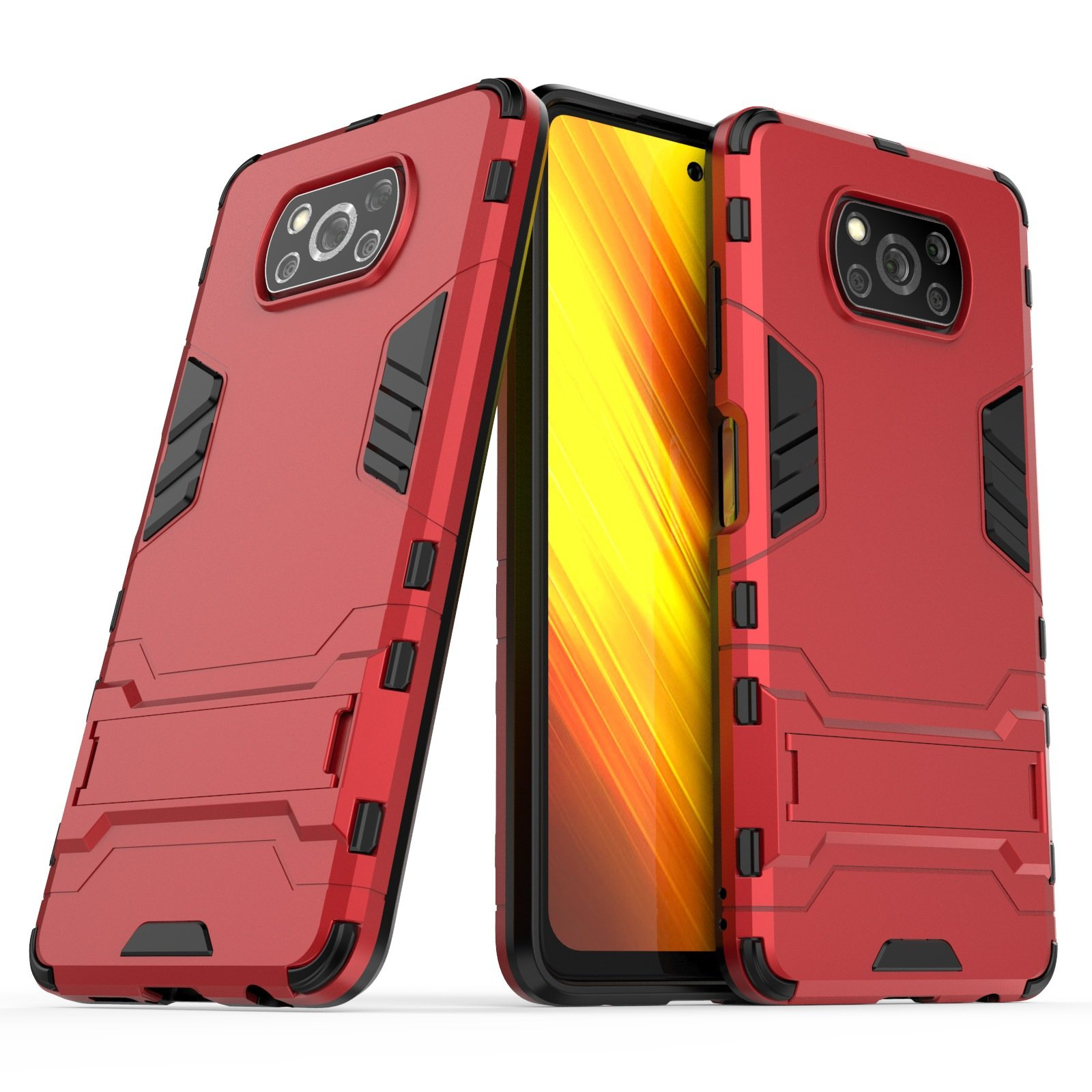 Funda roja para teléfono con detalles negros, teléfono dentro. La funda tiene soporte y recortes de cámara. Fondo blanco.
