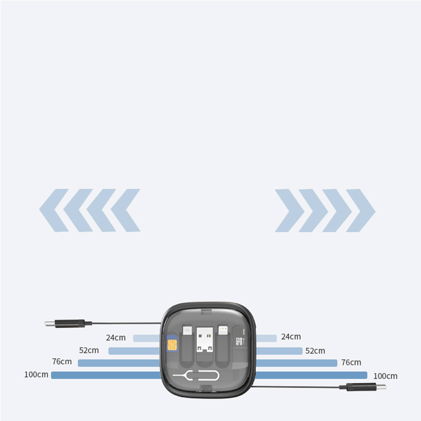 Schwarze Hülle mit Maßen, USB, SIM-Karte und verschiedenen Adaptern. Pfeile zeigen Längen- und Breitenmessungen.