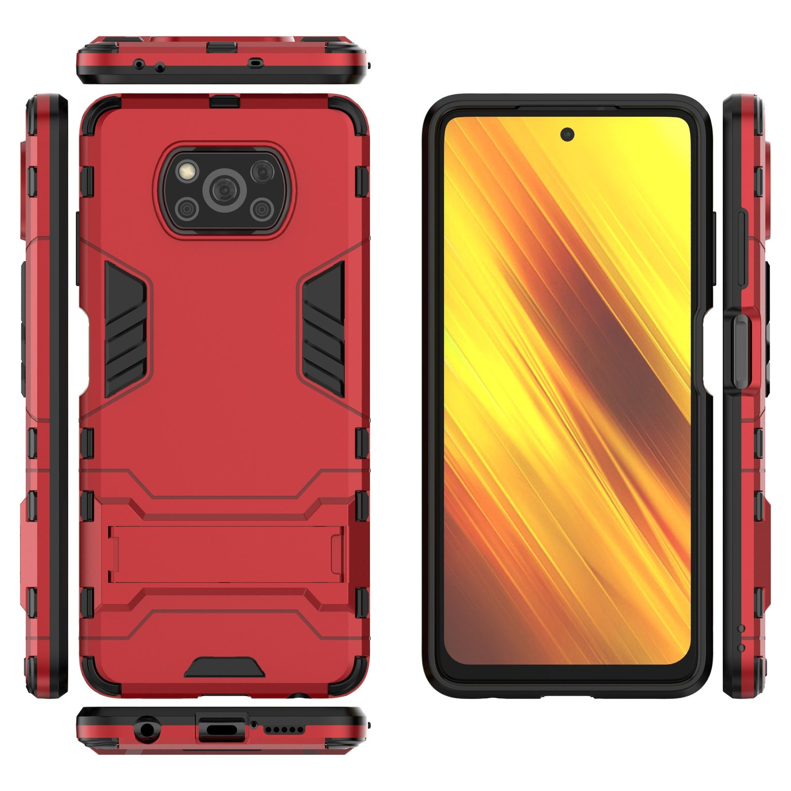 Funda roja y negra, con el teléfono a la derecha. La funda tiene un soporte.