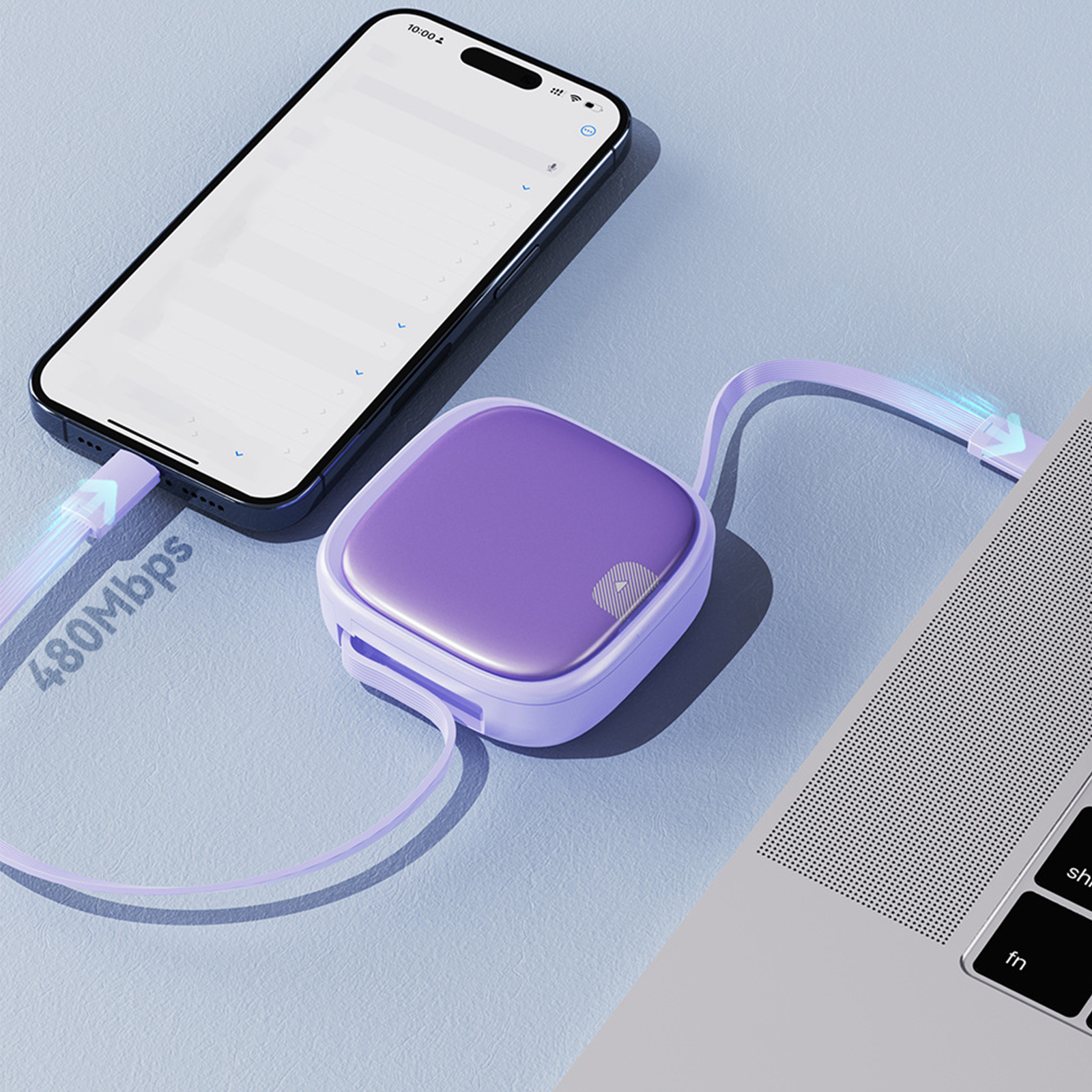 Ein Smartphone, verbunden mit einem lila Hub, der mit einem Laptop verbunden ist. Datenübertragung läuft.