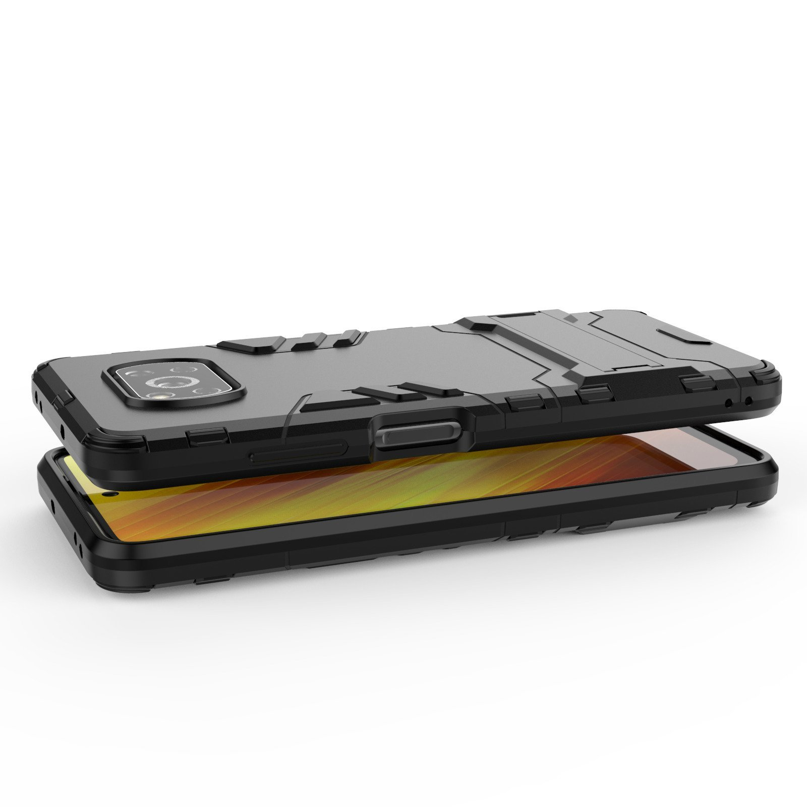 Funda negra para teléfono con teléfono dentro. La funda negra tiene soporte y recortes. El fondo es blanco.