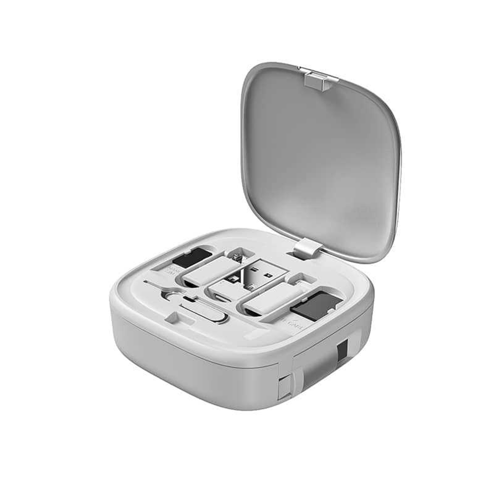 Weißes Etui mit offenem Deckel, enthält diverses kleines technisches Zubehör, darunter USB- und SIM-Karten-Tools.