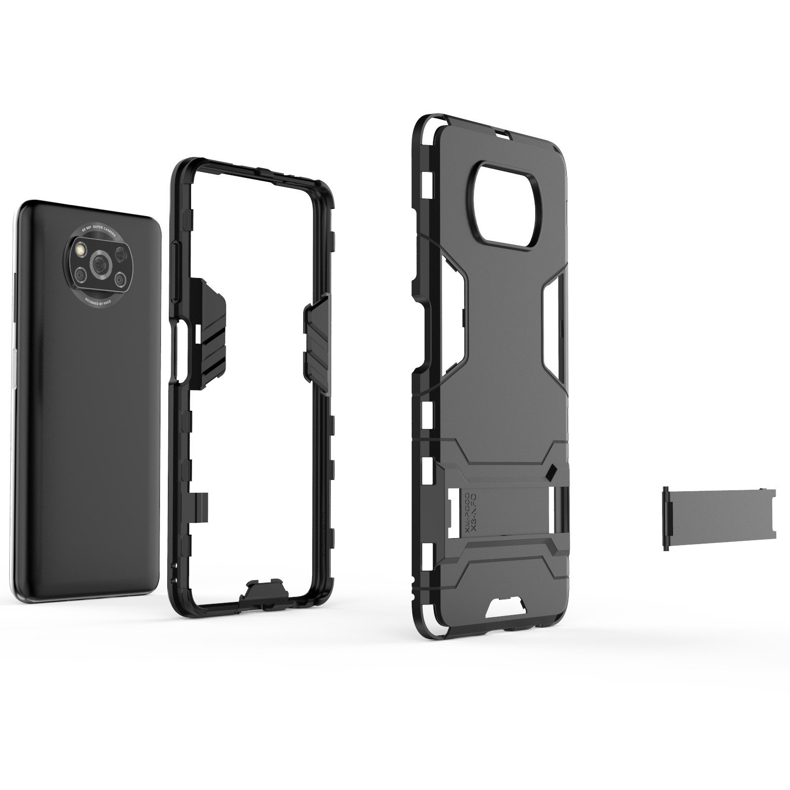 Componentes de funda negra desmontados, mostrando el teléfono y las piezas sobre fondo blanco.