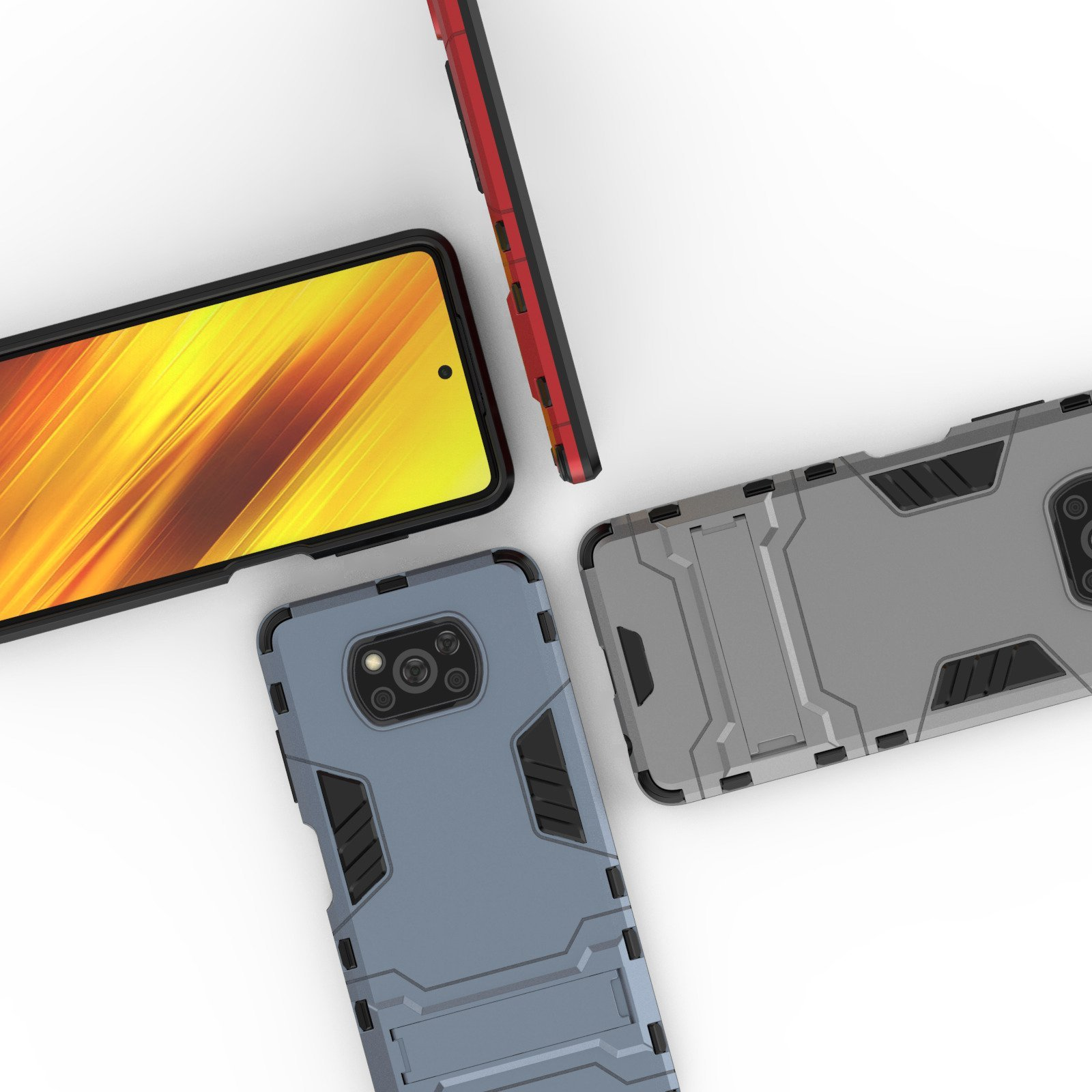 Fundas de teléfono en varios colores: rojo, gris y azul, dispuestas en ángulo sobre blanco.