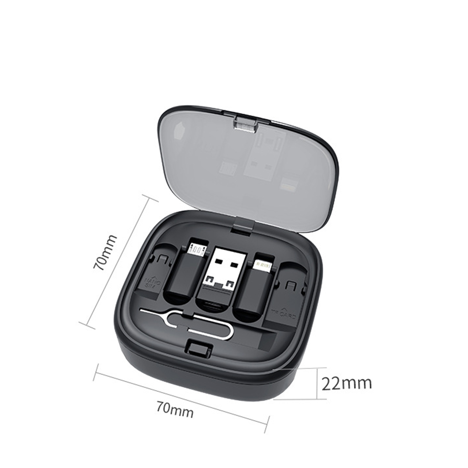 Kleine schwarze Hülle offen, enthält verschiedene Adapter, darunter USB, SIM-Tools und einen Kartenadapter. Abmessungen gezeigt.