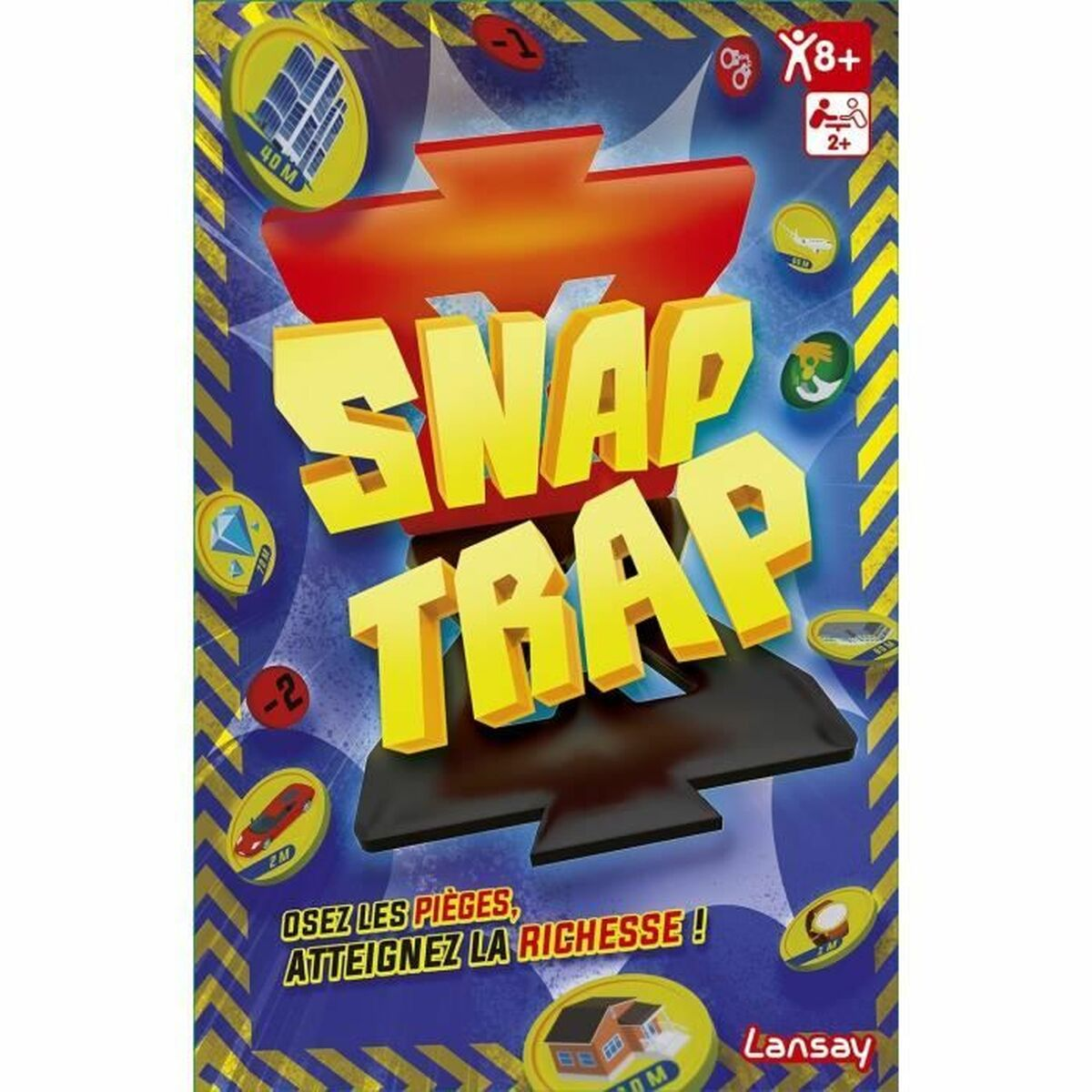 Una scatola di gioco da tavolo con un design colorato e le parole 'SNAP TRAP' in grandi lettere gialle.