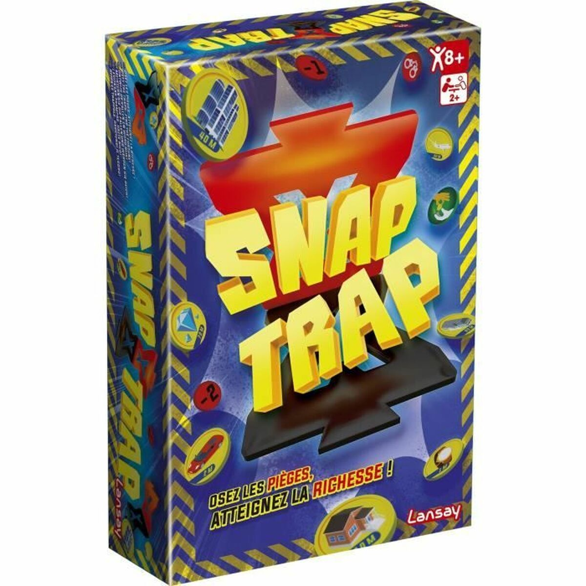 Scatola di un gioco da tavolo con testo e immagini gialle e nere. Contro uno sfondo bianco.