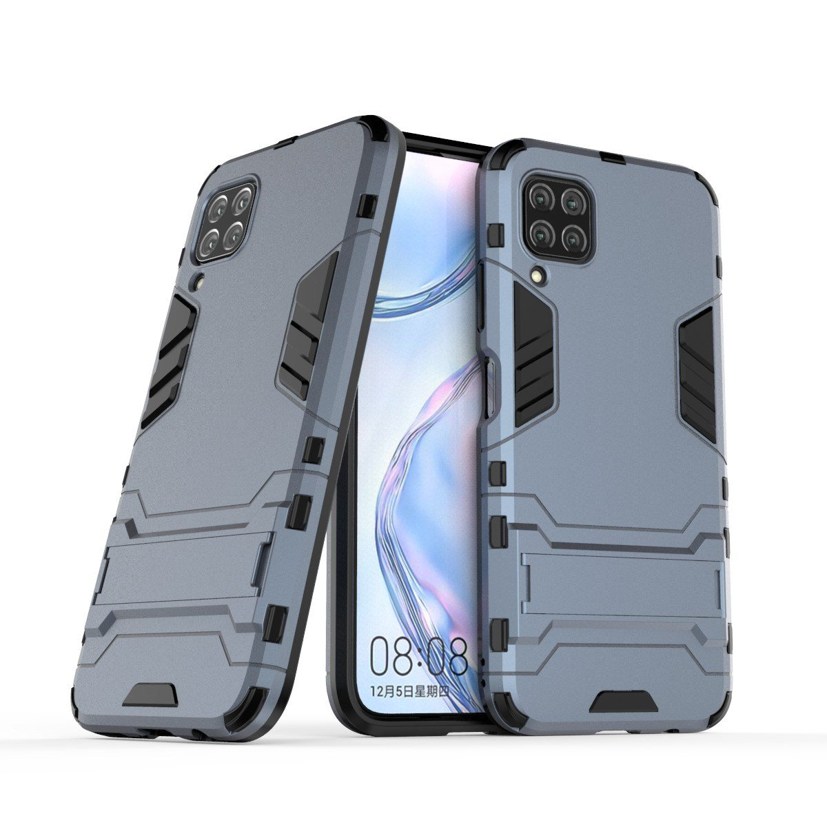 Dos fundas para teléfono con teléfonos. Fundas protectoras grises con detalles negros y cámara.