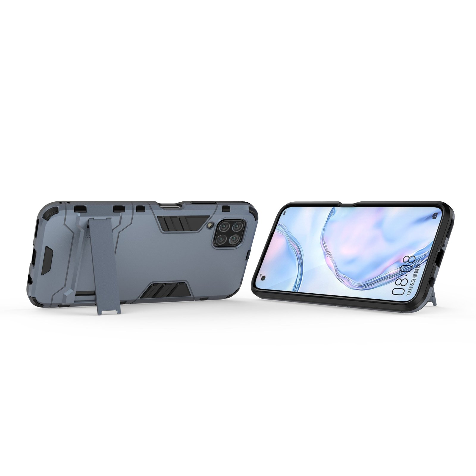 Una funda gris para teléfono con soporte y un teléfono, que muestra la hora en la pantalla.