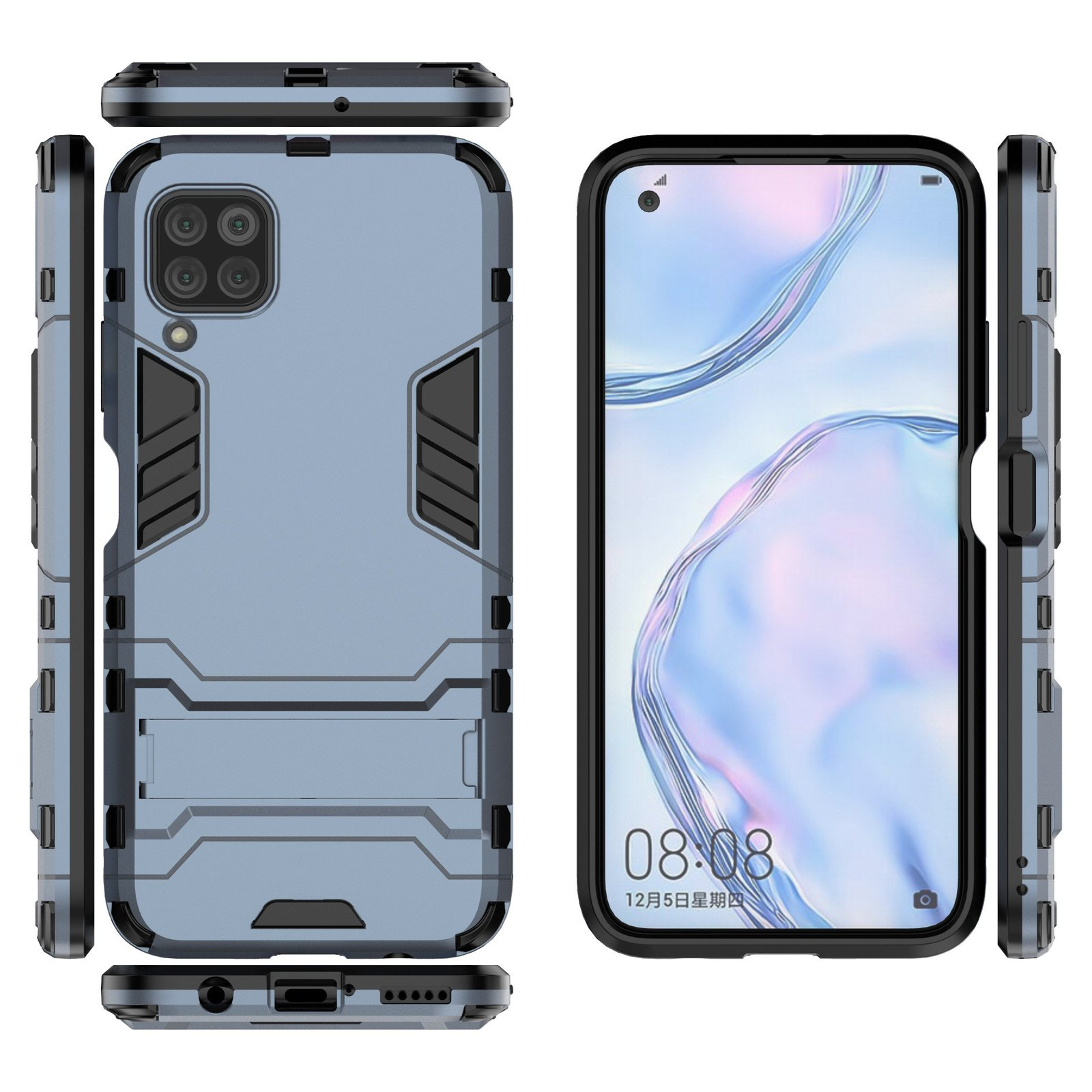 Funda de teléfono azul con detalles negros, vistas laterales y superior, y una pantalla.