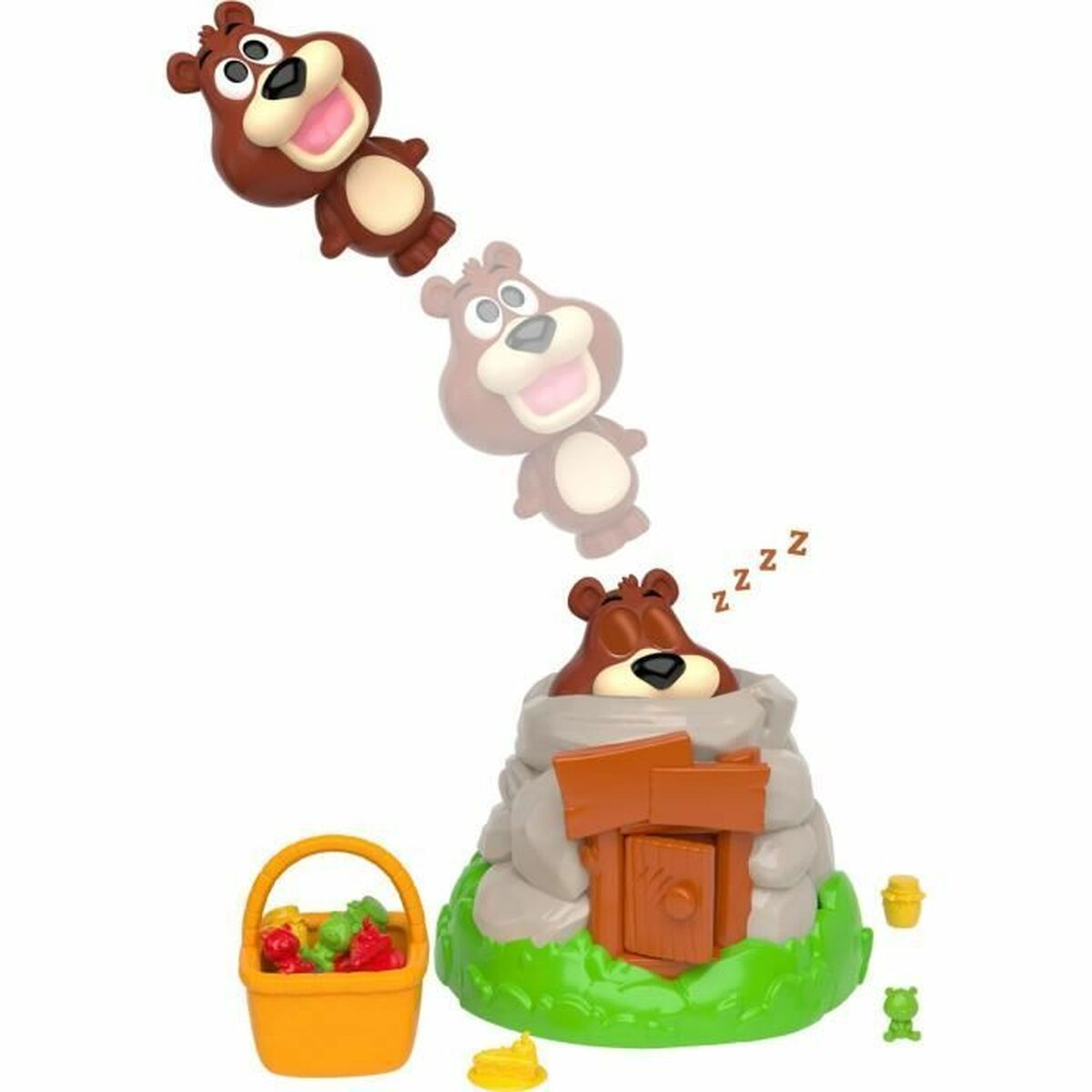 Ein Spiel mit Bären, einem Baum und einem Korb mit Beeren. Die Bären fallen.
