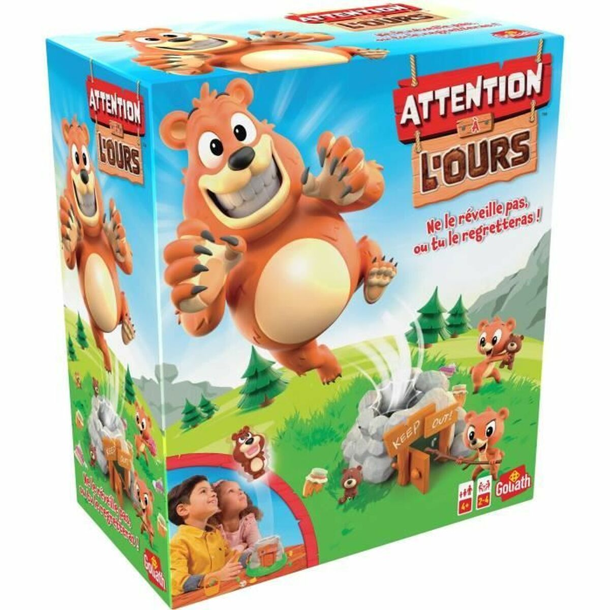 Schachtel eines Brettspiels mit einem Cartoon-Bären. Die Spielbox ist vor weißem Hintergrund platziert.
