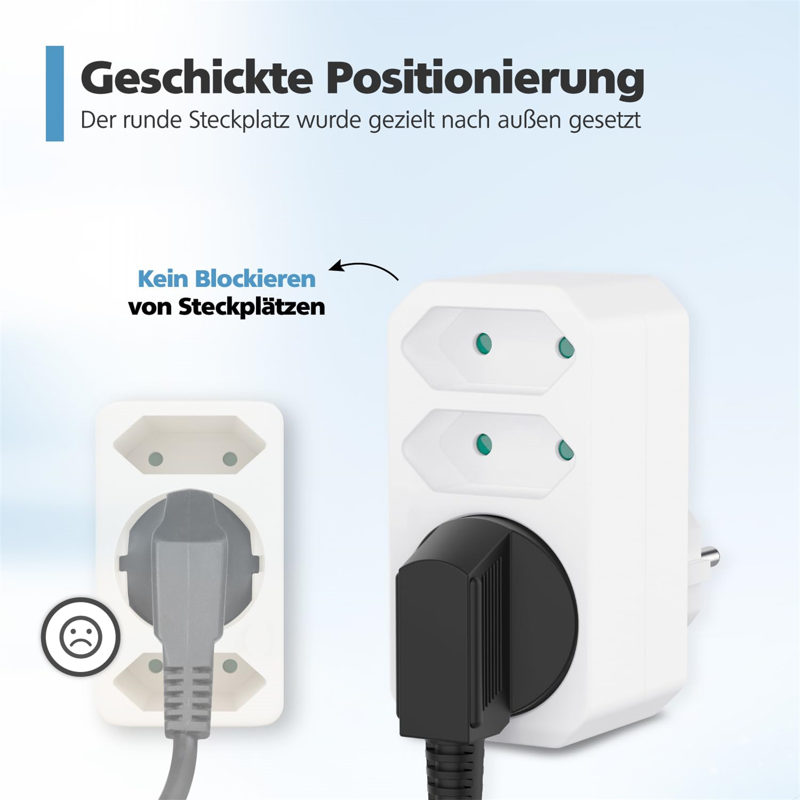 Zwei Steckdosen, eine mit Stecker, die andere mit traurigem Gesicht. Das Design verhindert Blockieren.