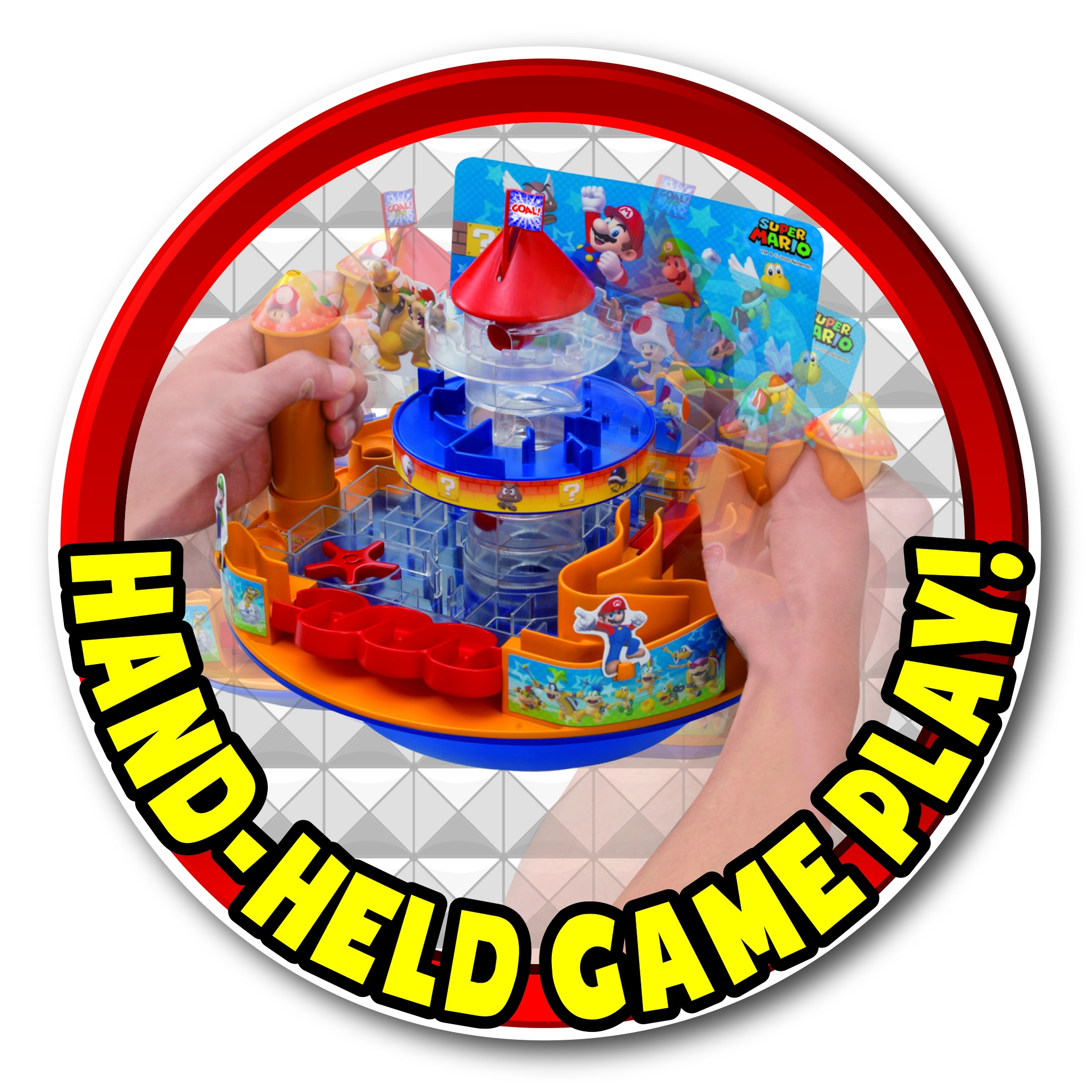 Gra planszowa Super Mario z dwiema rękami trzymającymi grę. Gra jest okrągła i kolorowa.