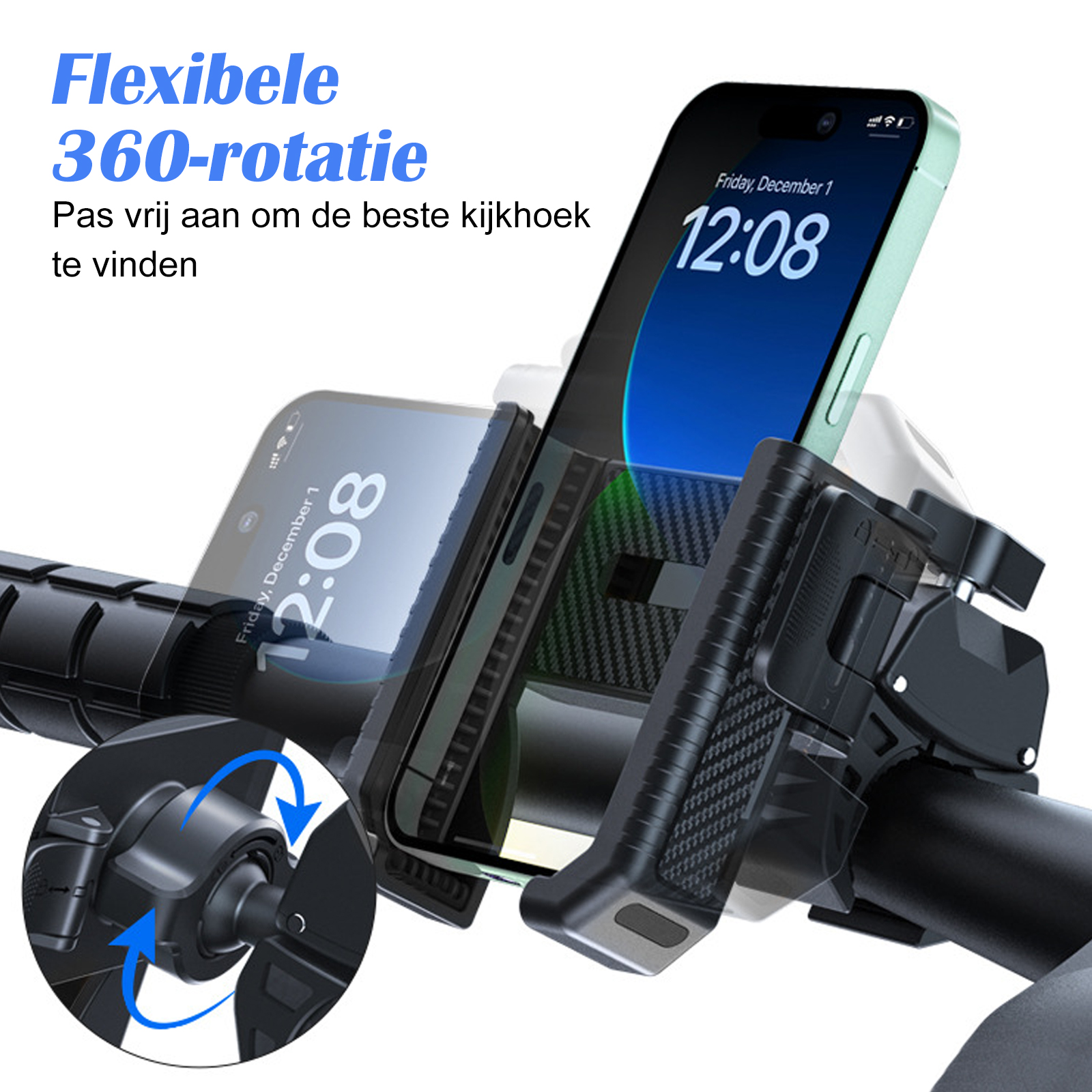 Schwarzer Telefonhalter mit einem Telefon, das die Uhrzeit anzeigt. Das Telefon dreht sich auf dem Halter.