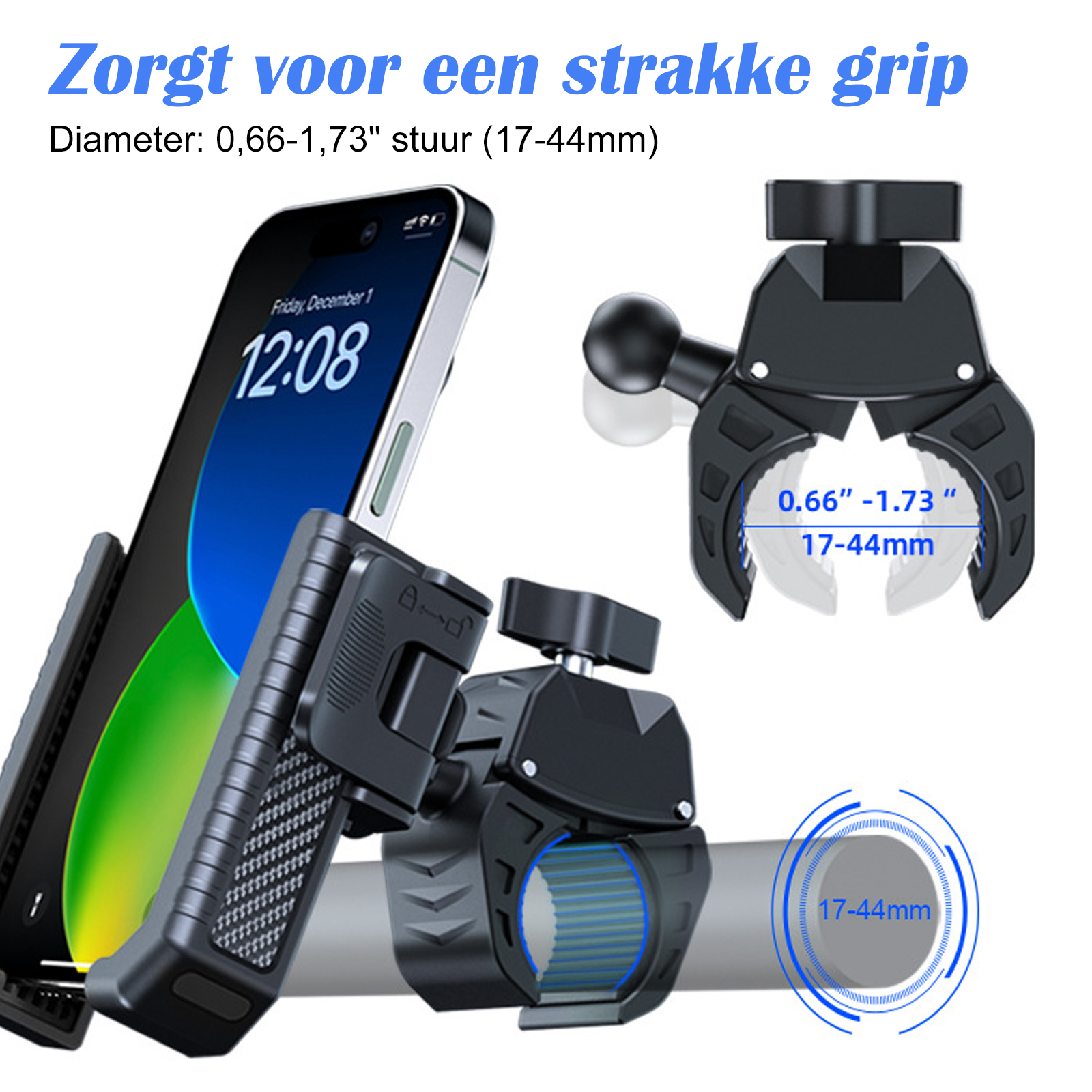 Telefon und Fahrradhalterung, mit Text zu Grip und Abmessungen.