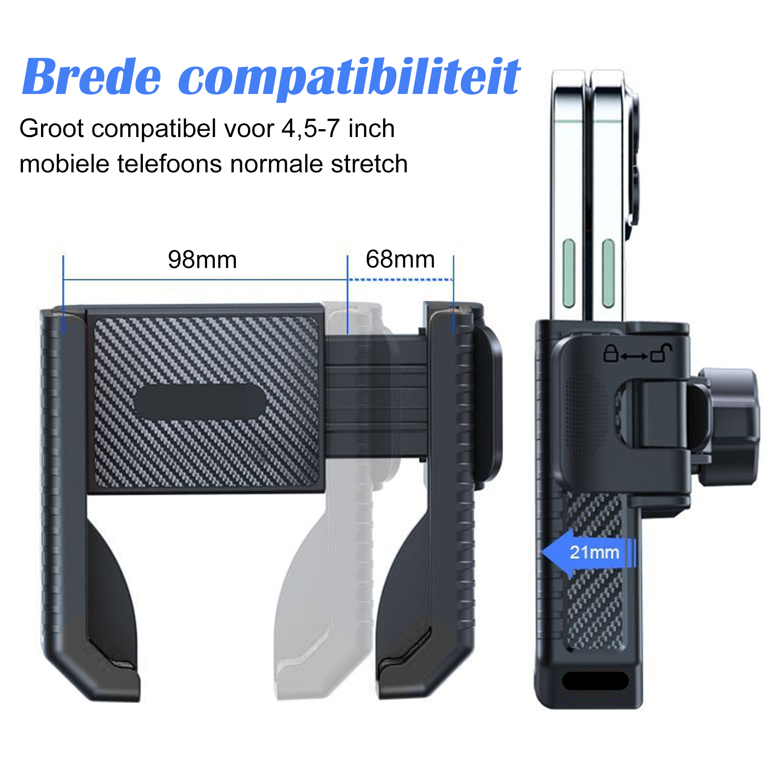Telefonhalter, mit Abmessungen. Der Halter ist schwarz und grau. Ein Telefon ist im Halter. Weißer Hintergrund.