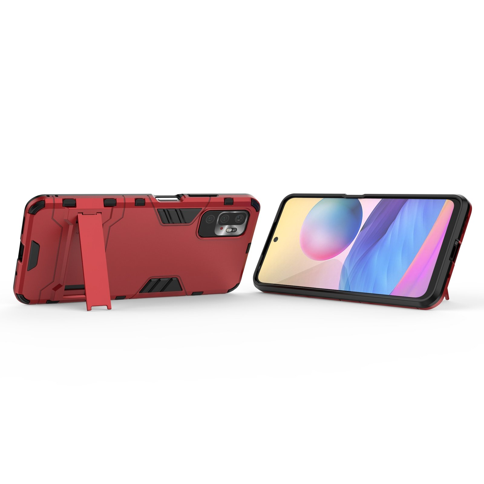 Funda de teléfono roja con soporte y un teléfono con pantalla colorida. Fondo blanco.
