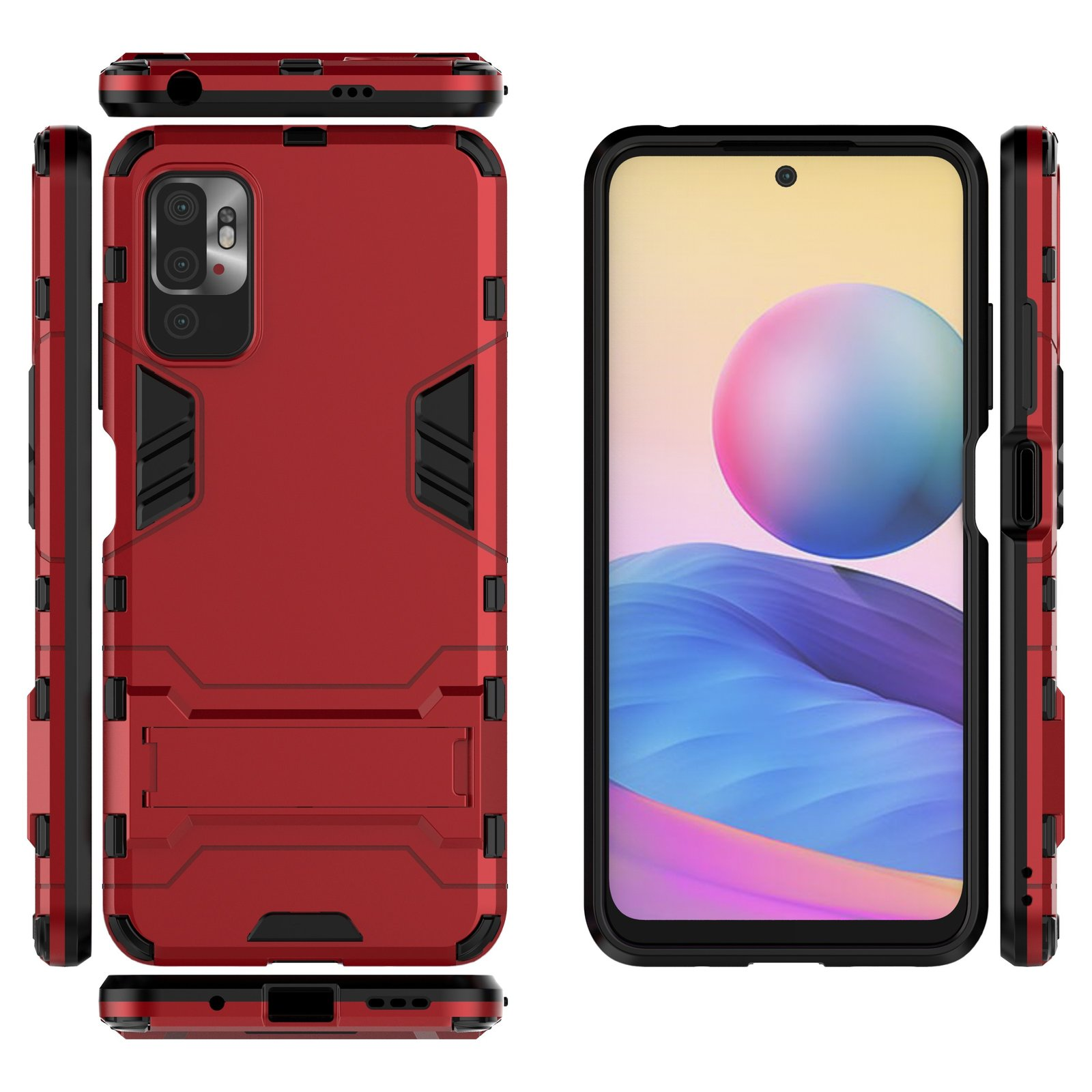 Dos fundas rojas para teléfono, una con teléfono, sobre fondo blanco. Las fundas tienen soporte.