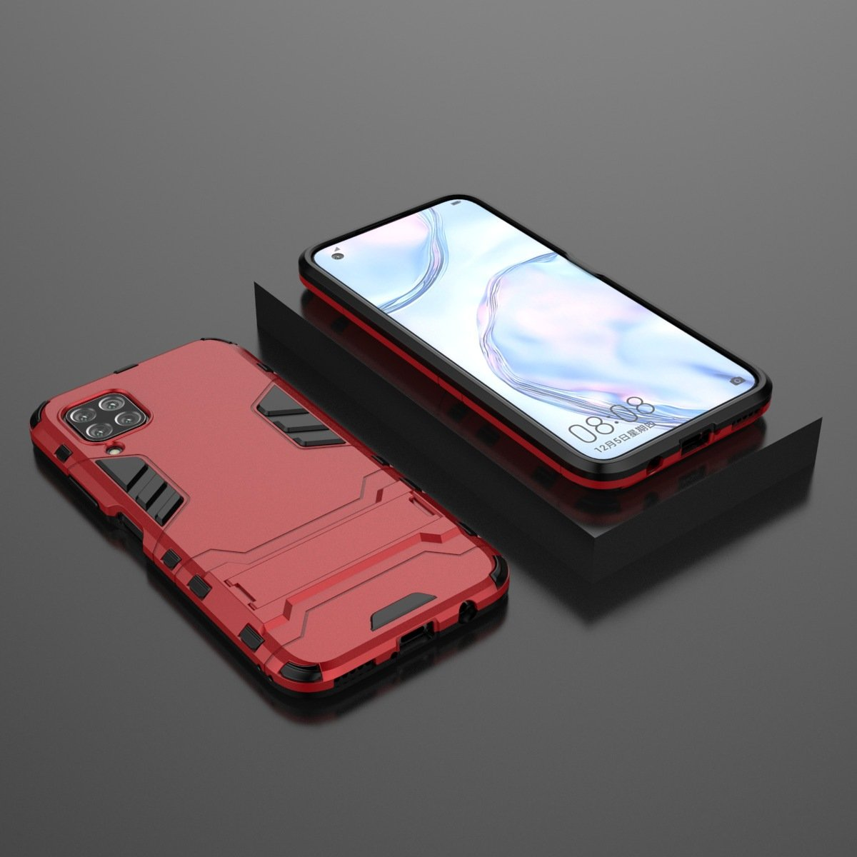 Dos fundas rojas para teléfono sobre una superficie oscura. Una abierta, otra cerrada.