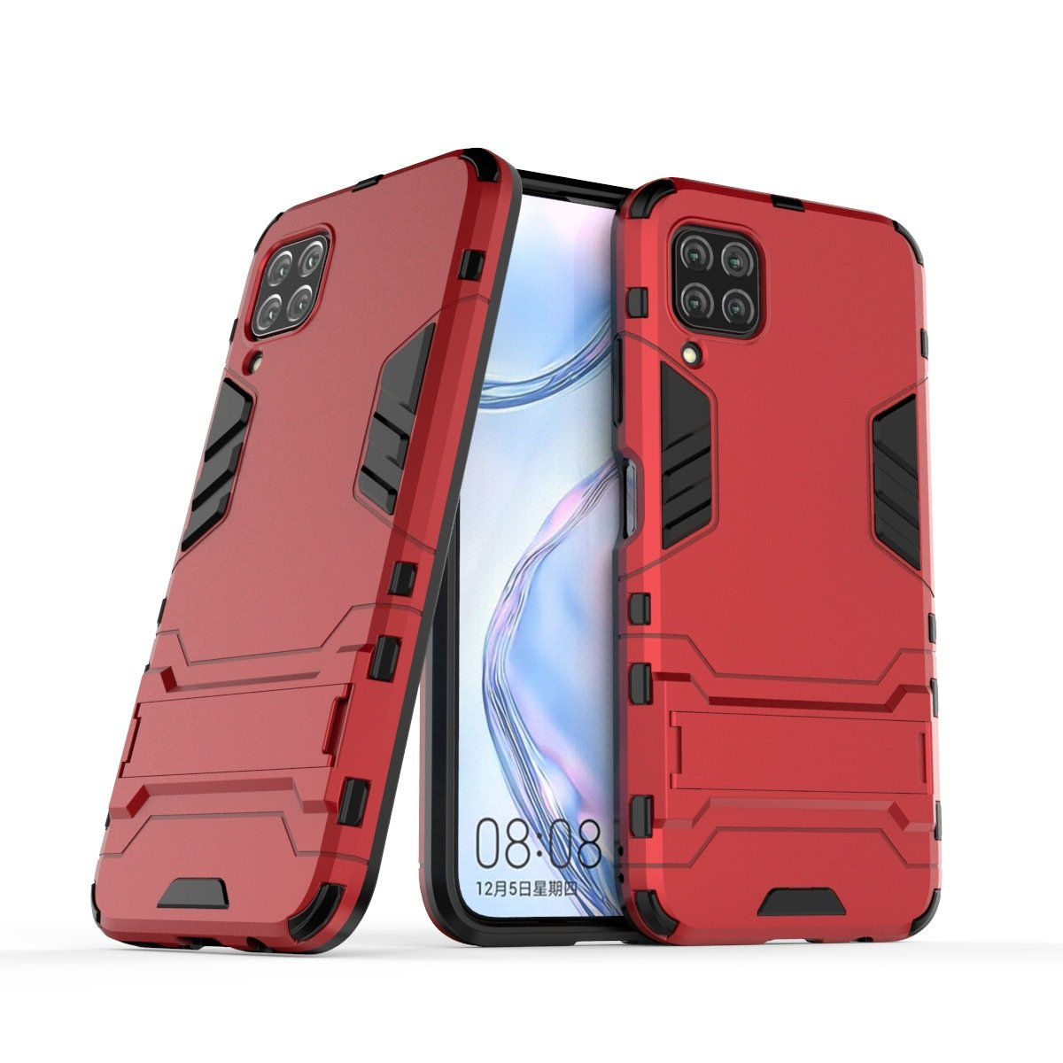 Dos fundas rojas para teléfono, una mirando a la izquierda, otra a la derecha con soporte.