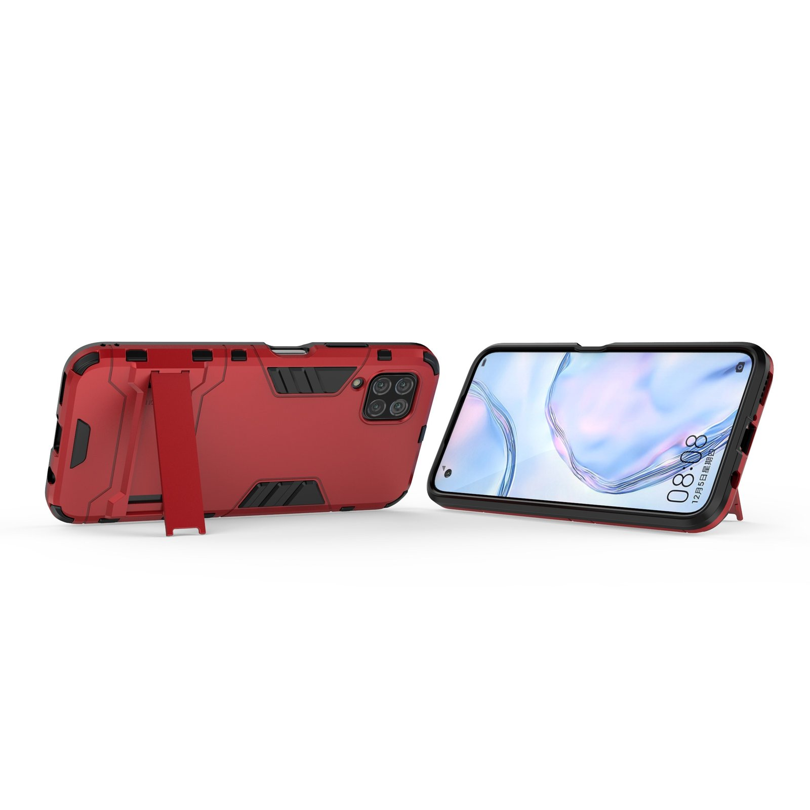 Dos fundas rojas para teléfono. Una con soporte, la otra de pie en su soporte.