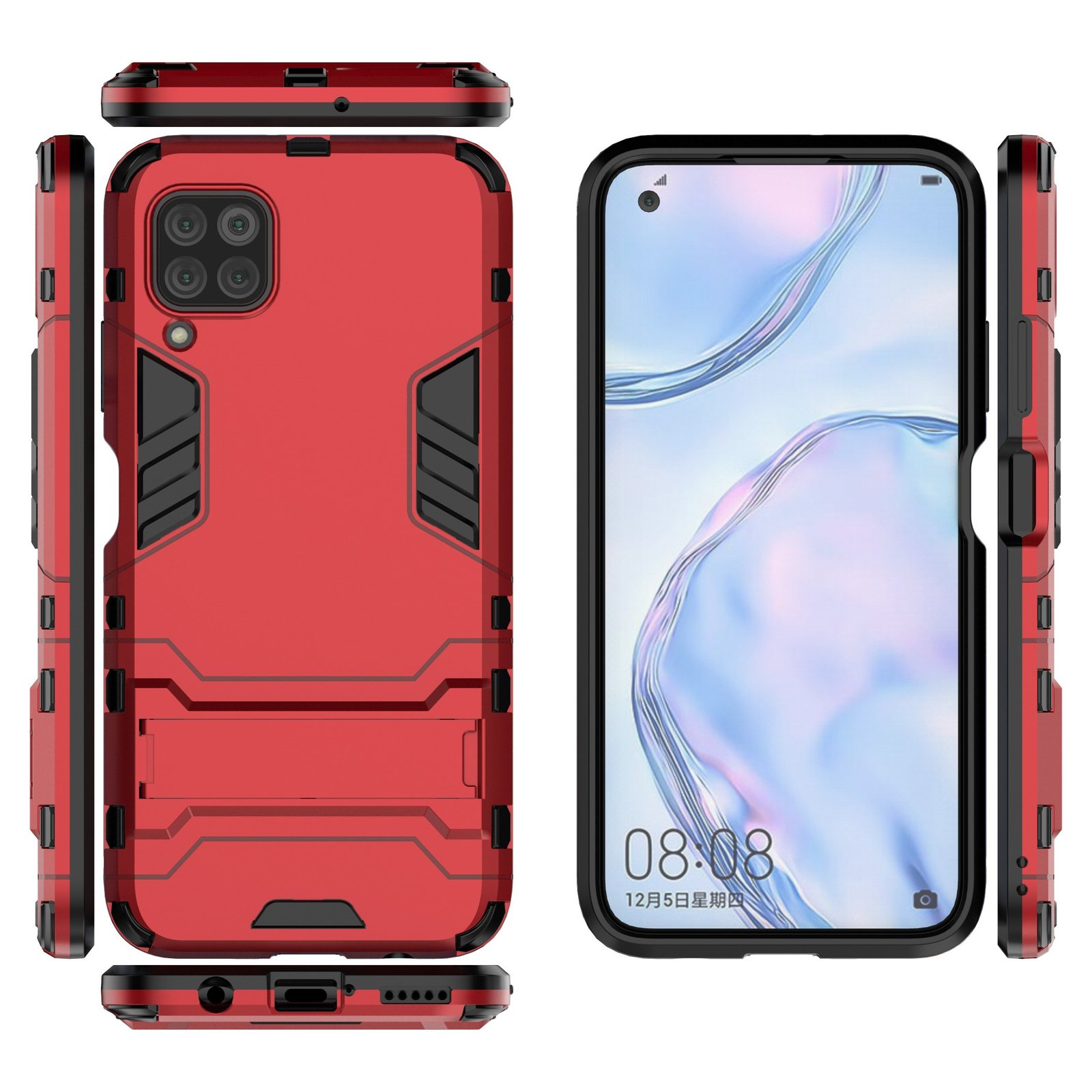 Vistas múltiples de una funda roja para teléfono, mostrando todos los lados y puertos.
