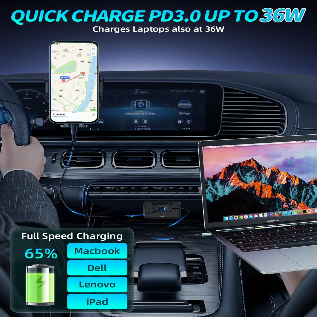 Auto mit Handy, Laptop und Ladestation. Text weist auf Schnellladefunktionen hin.