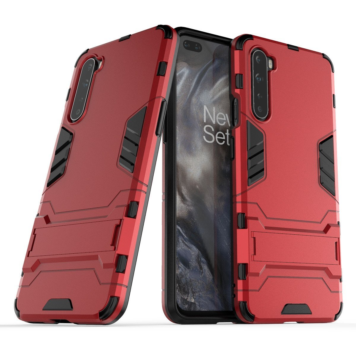 Fundas rojas para teléfono y un teléfono. El teléfono tiene el texto Never Settle.