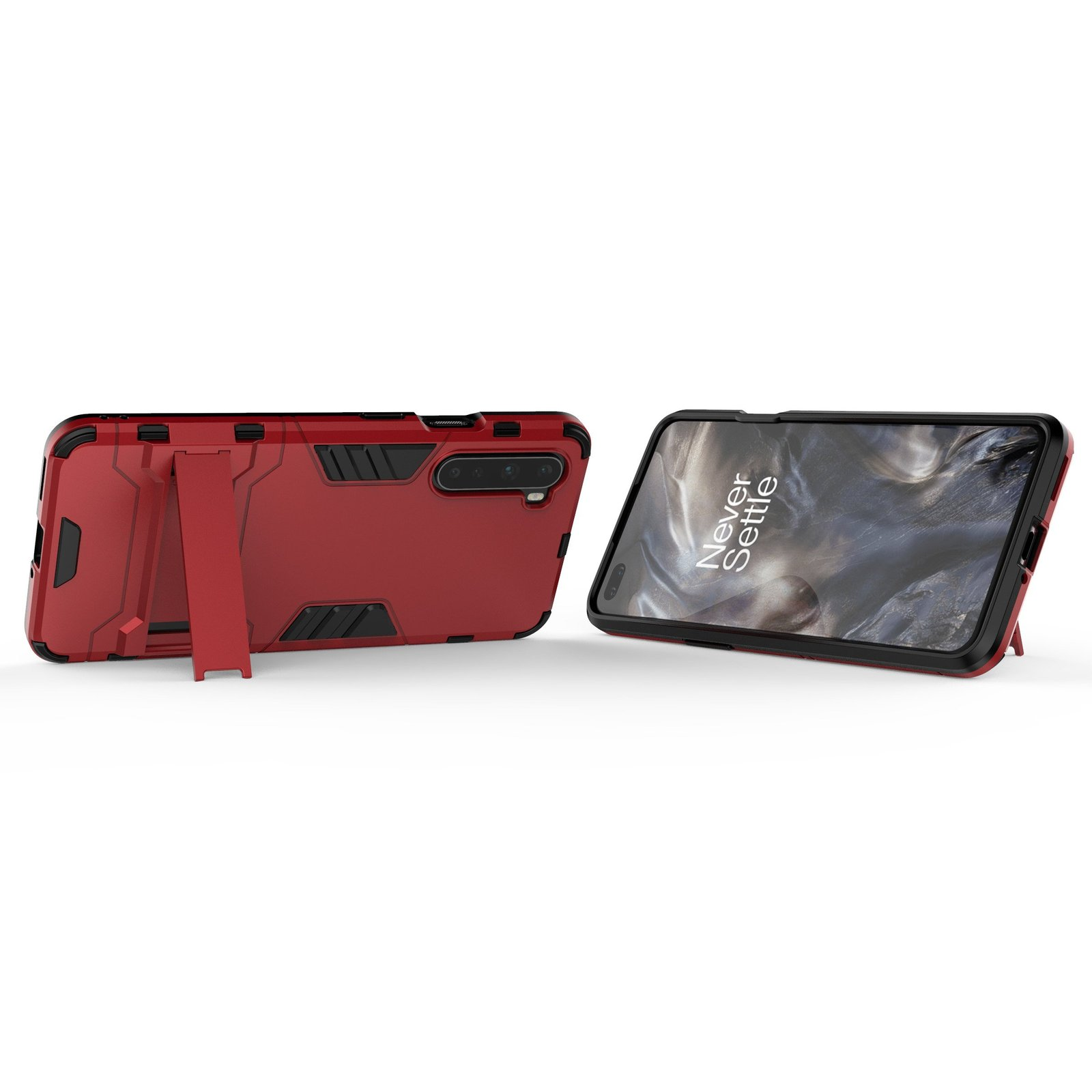 Dos fundas rojas para teléfono con soportes. Ambas abiertas, teléfonos dentro. Fondo blanco.