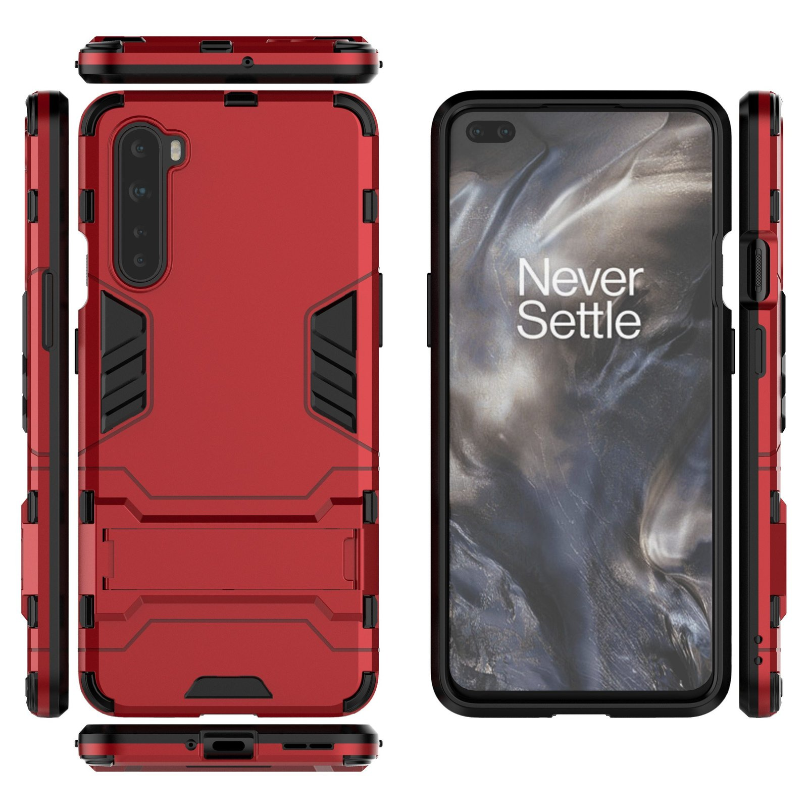 Funda roja para teléfono con un teléfono. El teléfono tiene el texto Never Settle.