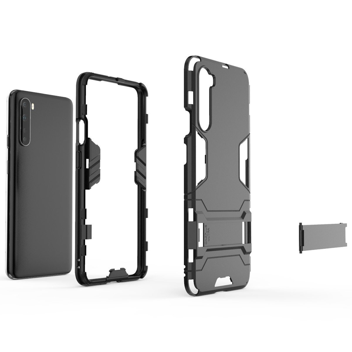 Funda de teléfono con teléfono. Detalles negros y grises. Fondo blanco.