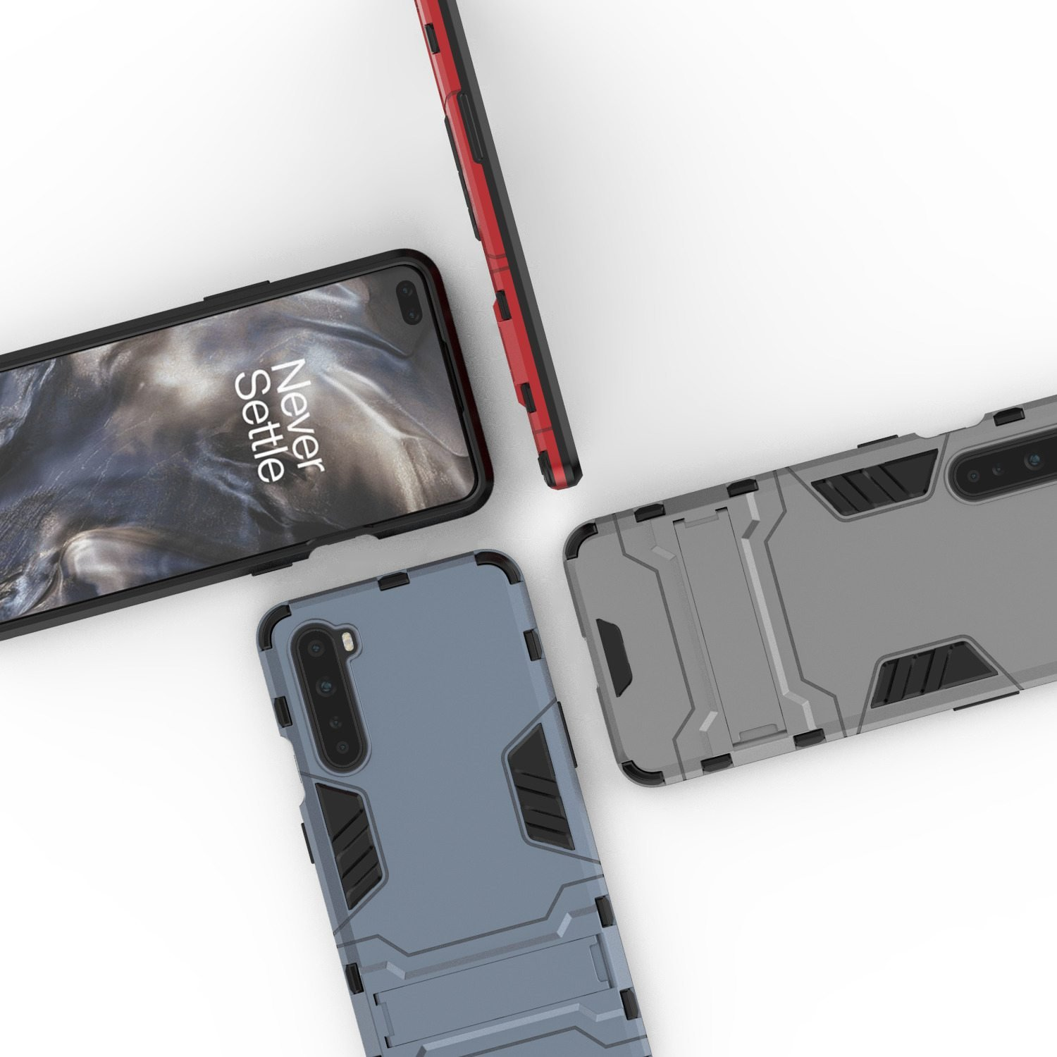 Fundas de teléfono en diferentes colores. Gris, rojo y azul. Teléfonos sobre una superficie blanca.