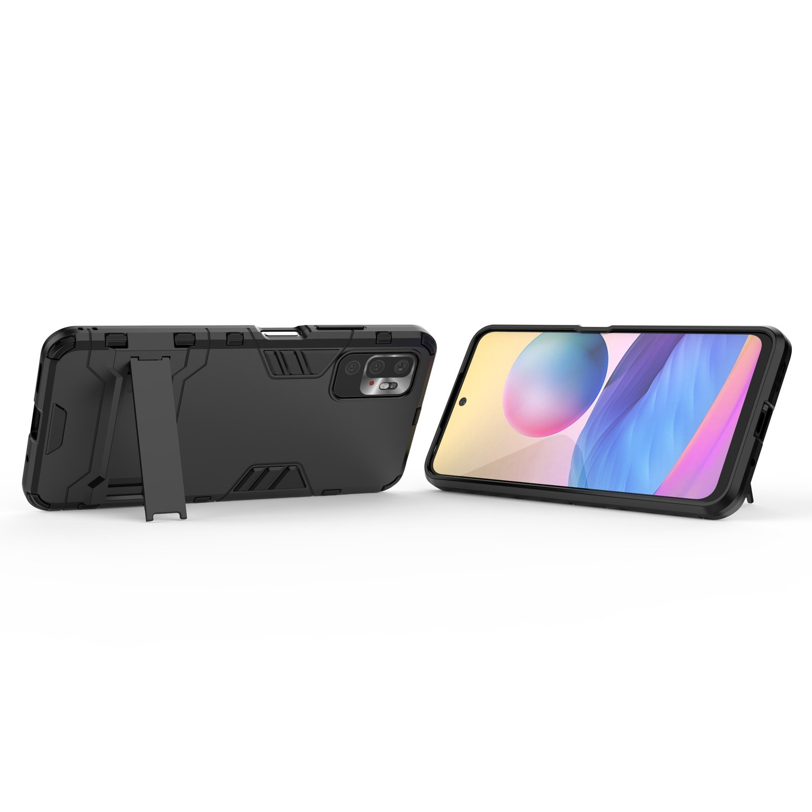 Funda negra con un teléfono dentro. La funda tiene un soporte. Fondo blanco.