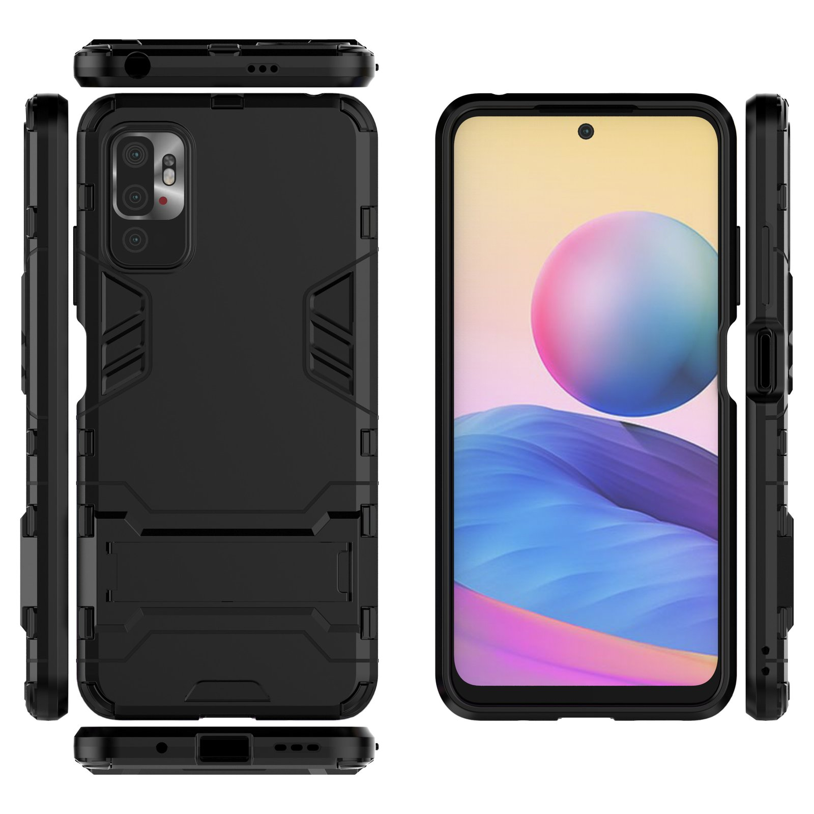 Funda de teléfono negra con soporte y teléfono. Negro sobre negro.