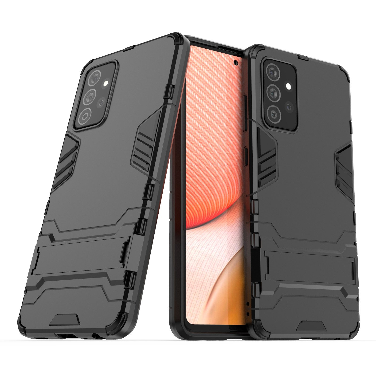 Fundas negras para teléfonos con teléfonos dentro. Vista en ángulo, pantallas visibles.